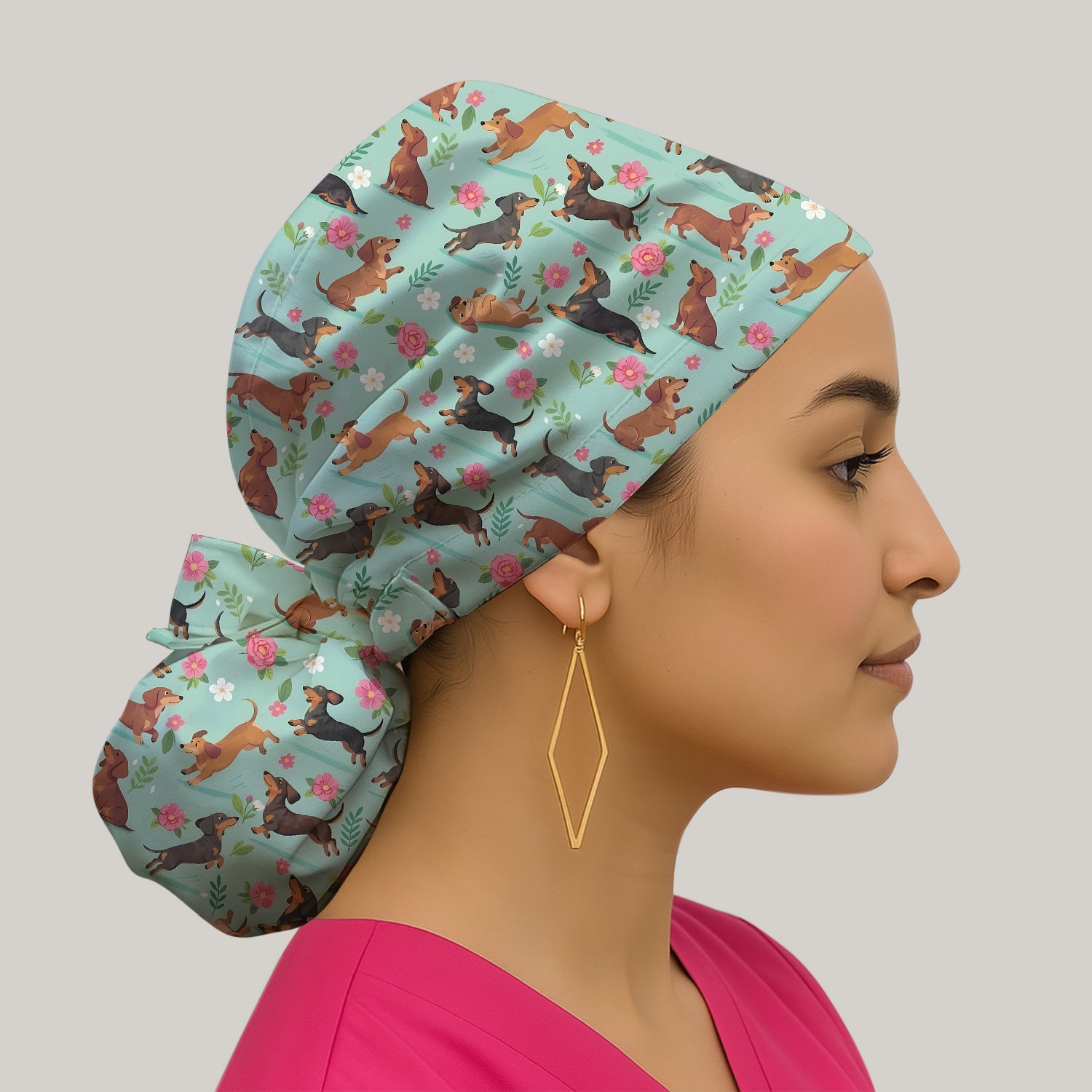 Cute Floral Dachshund Puppy Pattern Scrub Cap, Surgical Caps for Doctors