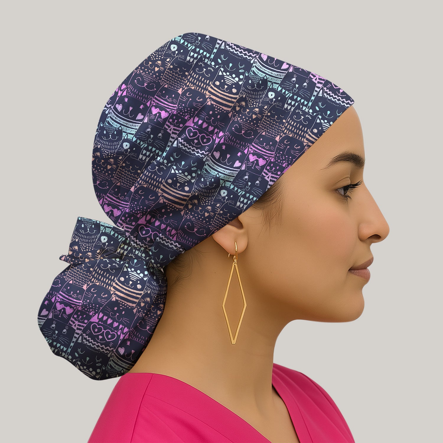 Cute Neon Cat Faces Pattern Scrub Cap, Surgical Caps for Doctors