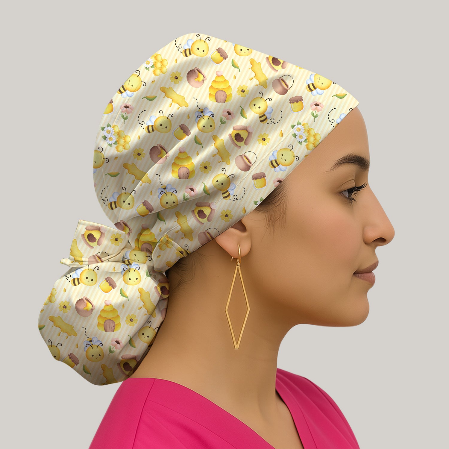 Cute Bee Honey Flower Stripe Pattern Scrub Cap, Breathable Fabrics Caps Uniform