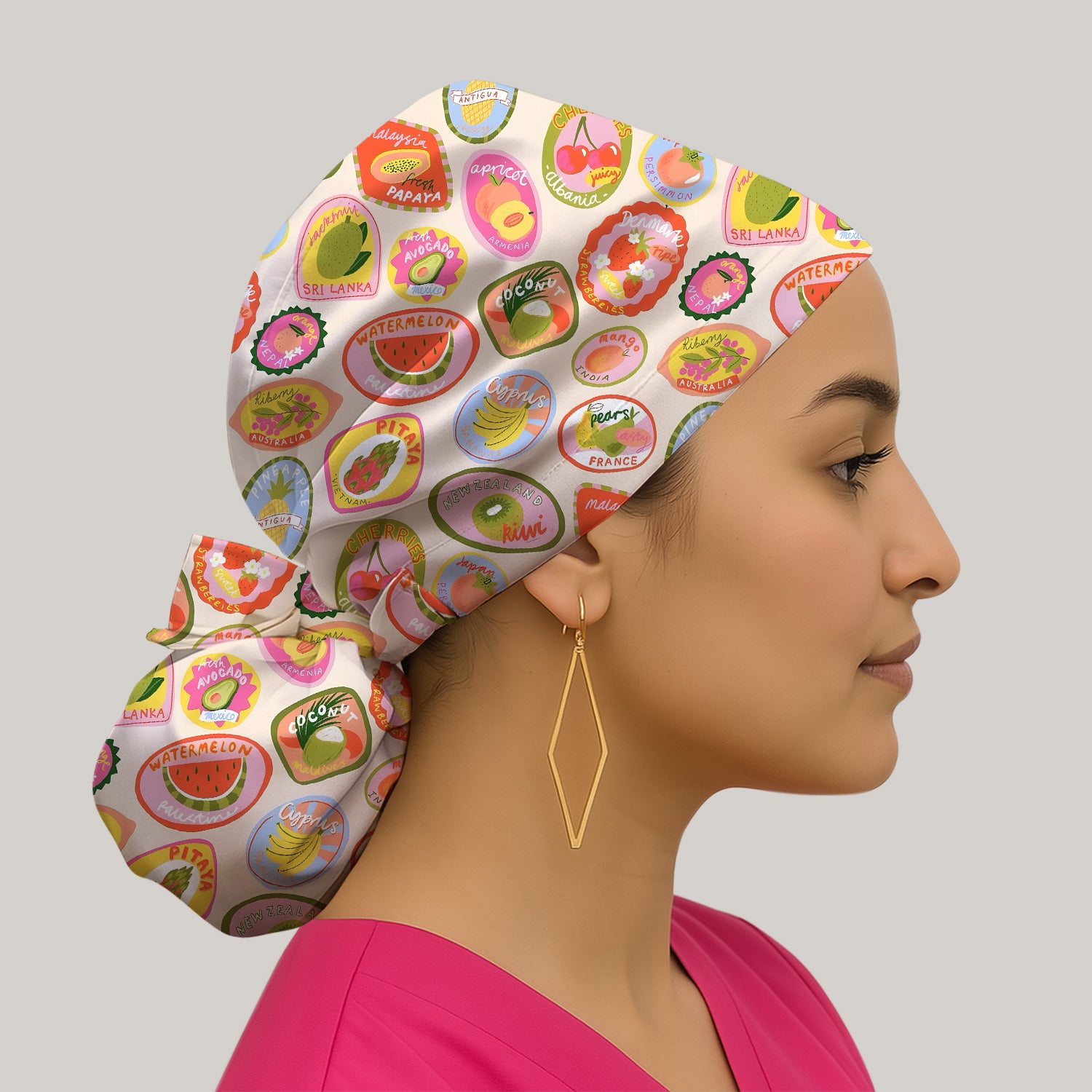 Summer Colorful Fruit Sticker Pattern Scrub Cap, Breathable Fabrics Caps Uniform