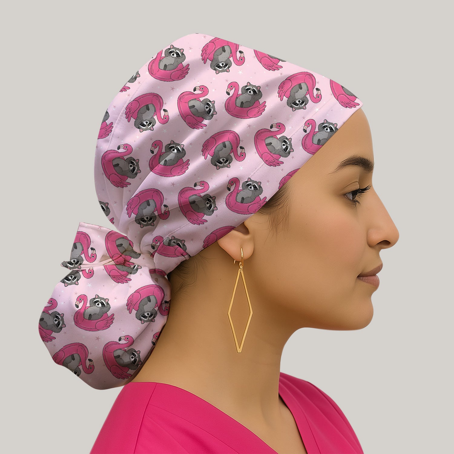 Cute Raccoon Flamingo Float Pattern Nurse Scrub Cap, Surgical Caps for Doctors