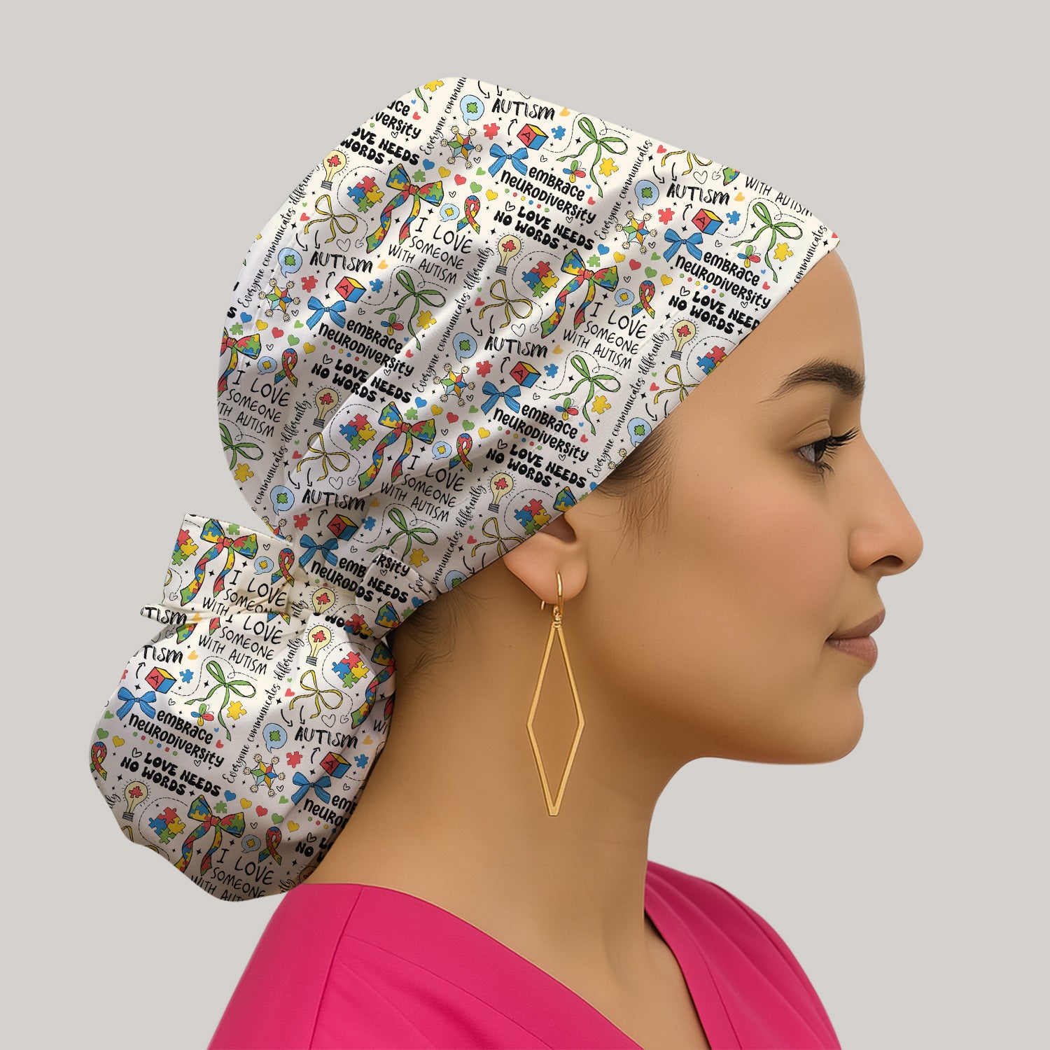 Autism Awareness Puzzle Ribbon Pattern Print Cap, Bouffant Scrub Caps for Women