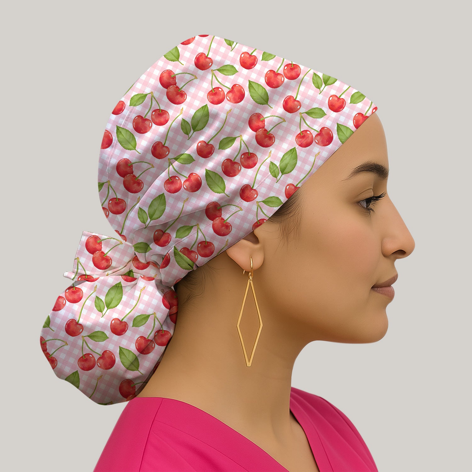 Sweet Red Cherry Gingham Pattern Print Cap, Surgical Caps for Nurses