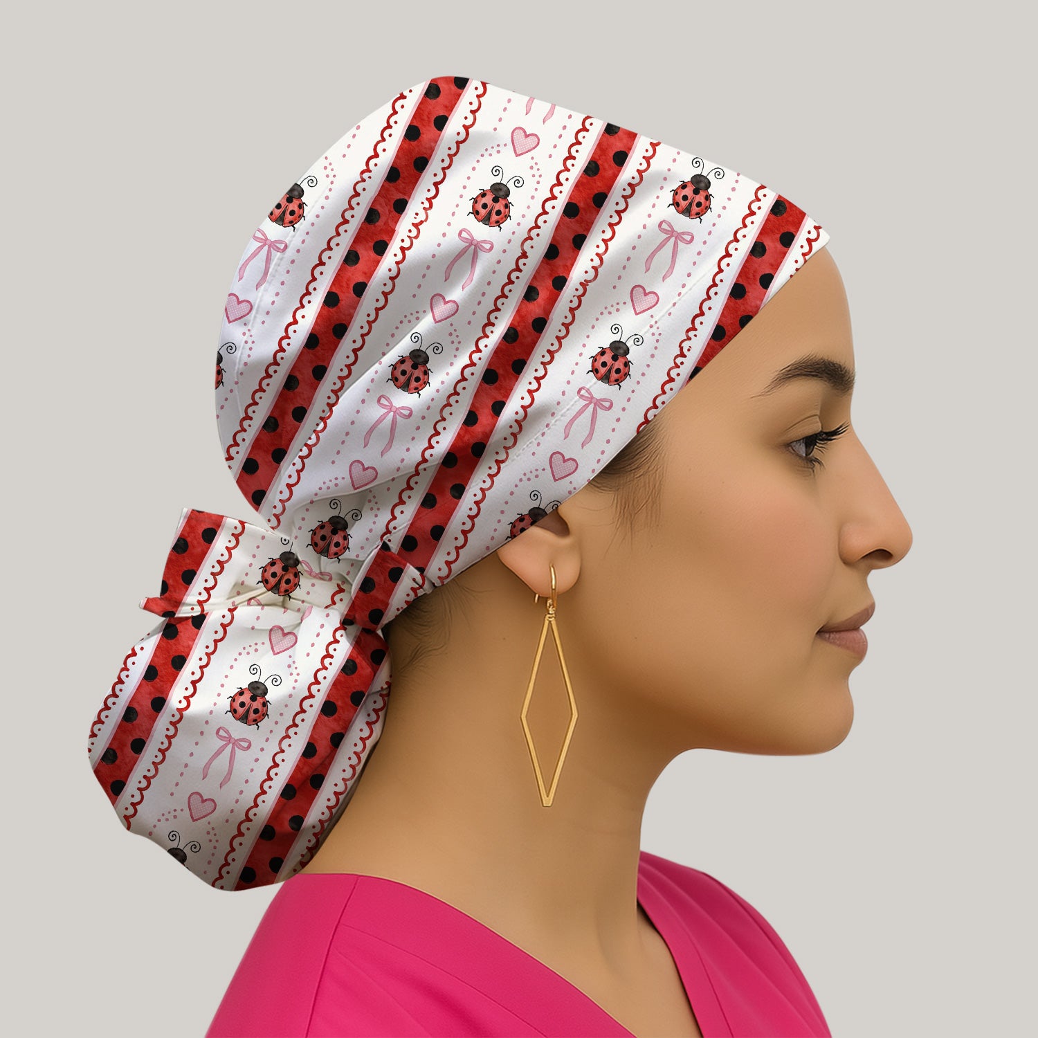 Cute Ladybug Heart Bow Stripe Pattern Nurse Scrub Cap, Surgical Caps for Doctors