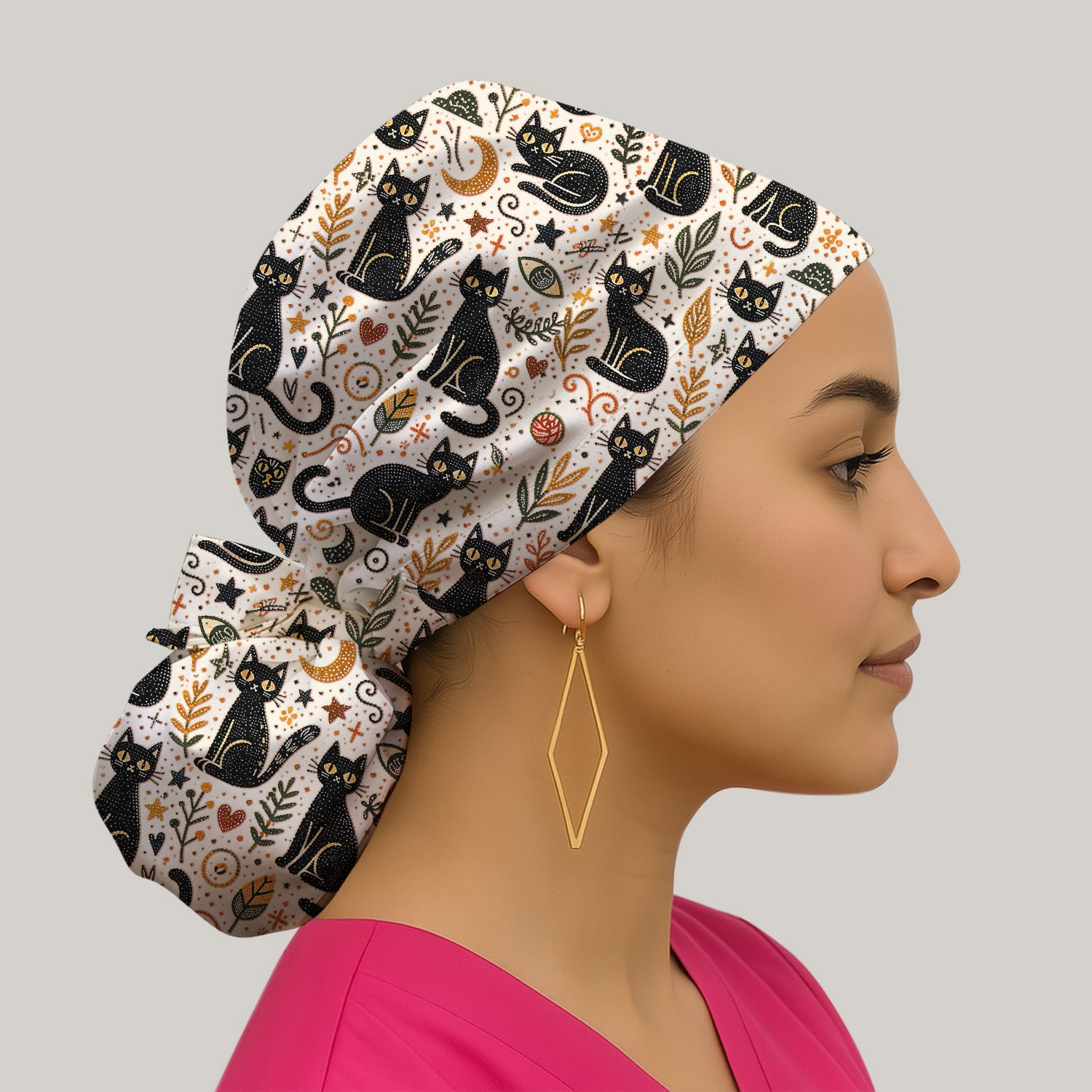 Mystic Black Cat Celestial Doodle Pattern Cap, Bouffant Scrub Caps for Women