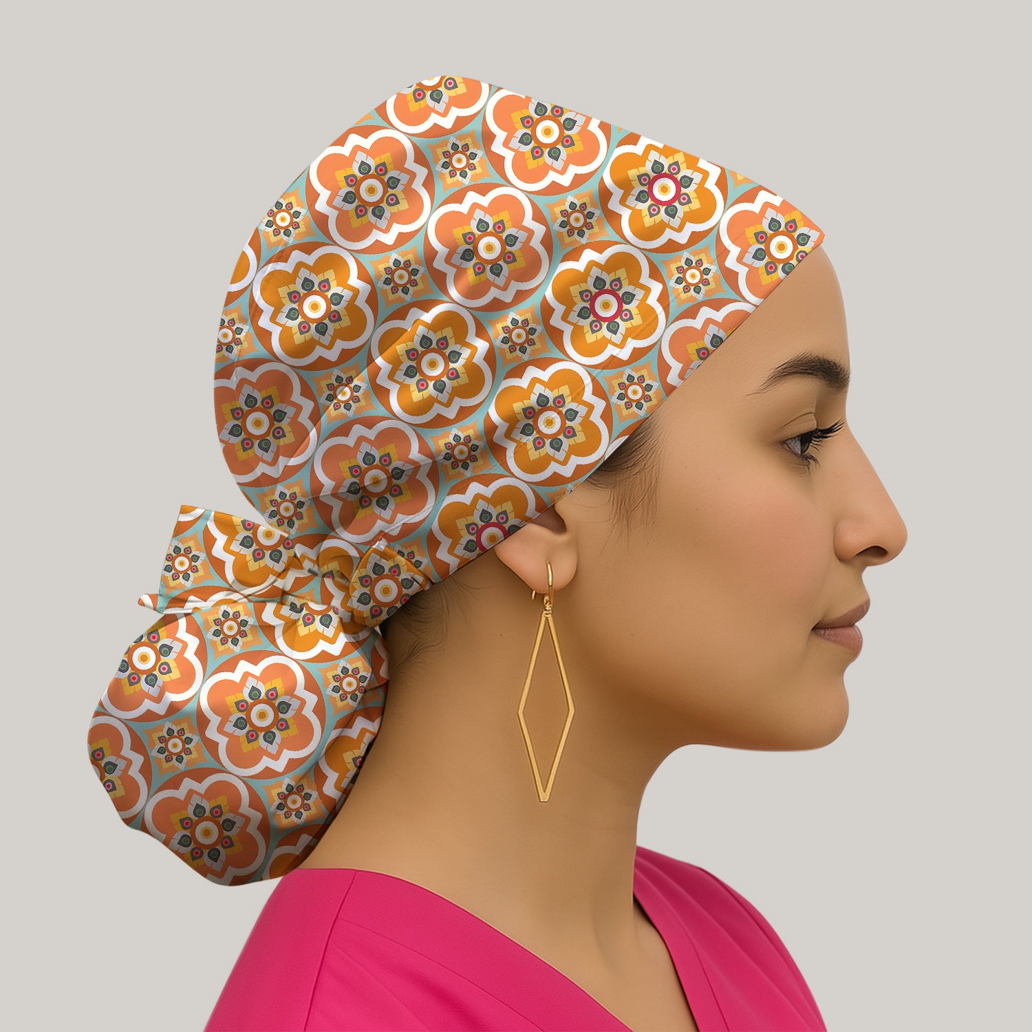 Orange Retro Geometric Floral Pattern Scrub Cap, Breathable Fabrics Caps Uniform
