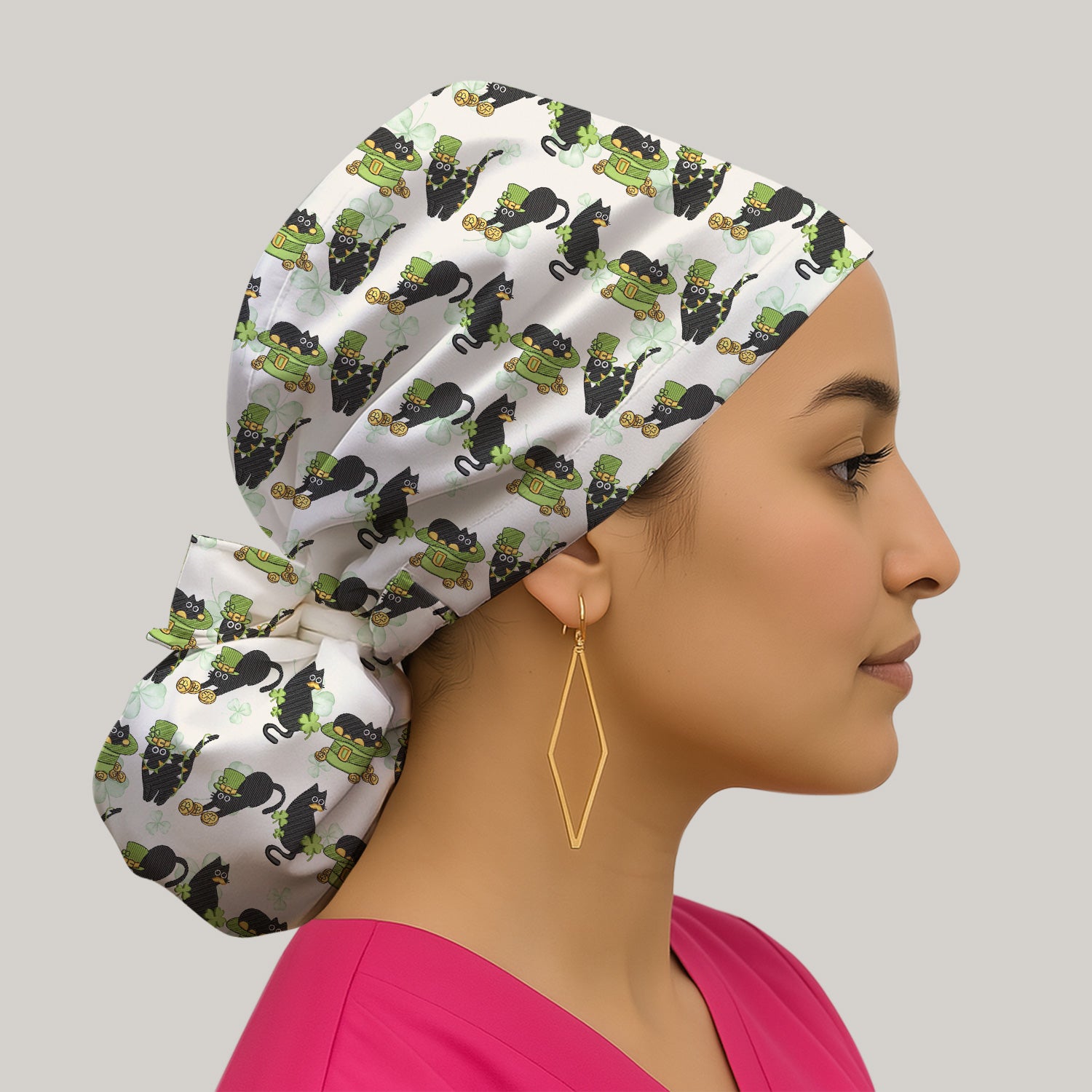 St. Patrick Black Cat Clover Print Scrub Cap, Bouffant Scrub Caps for Women