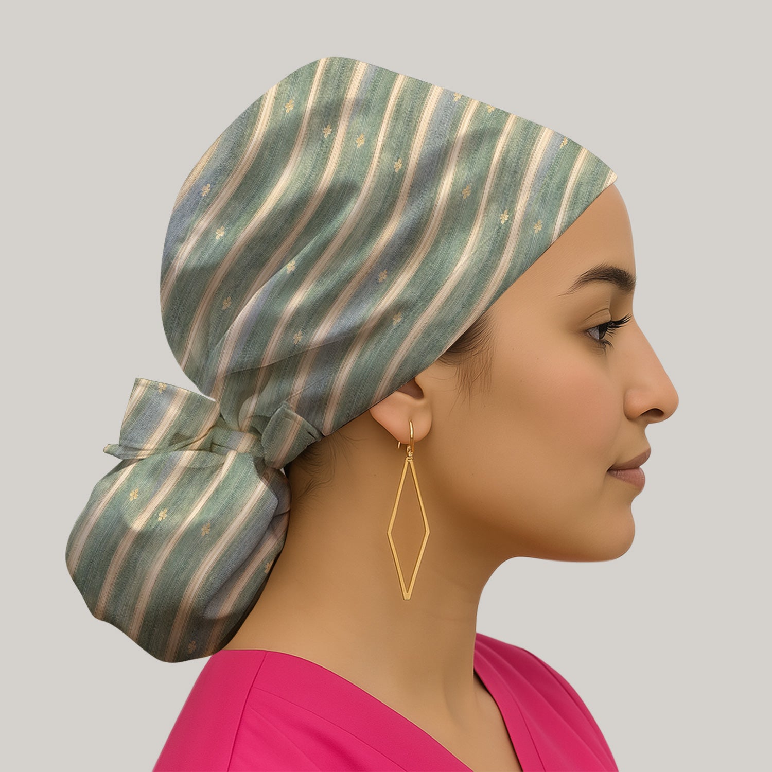 Charming Nurse Green Vertical Stripe Small Floral Pattern Scrub Cap, Bouffant Scrub Caps for Women