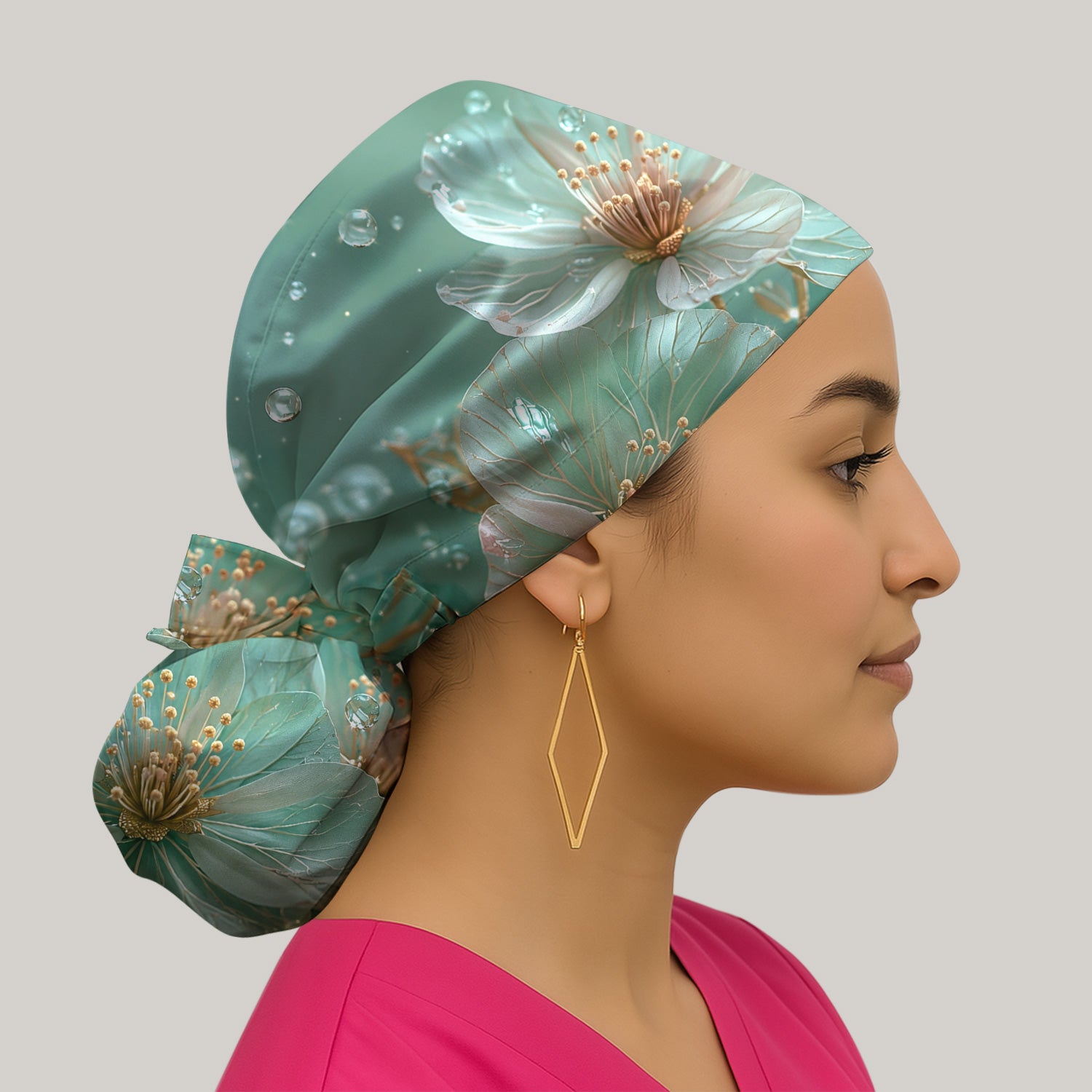 Elegant Mint Blossom Dewdrop Pattern Scrub Cap, Surgical Caps for Doctors