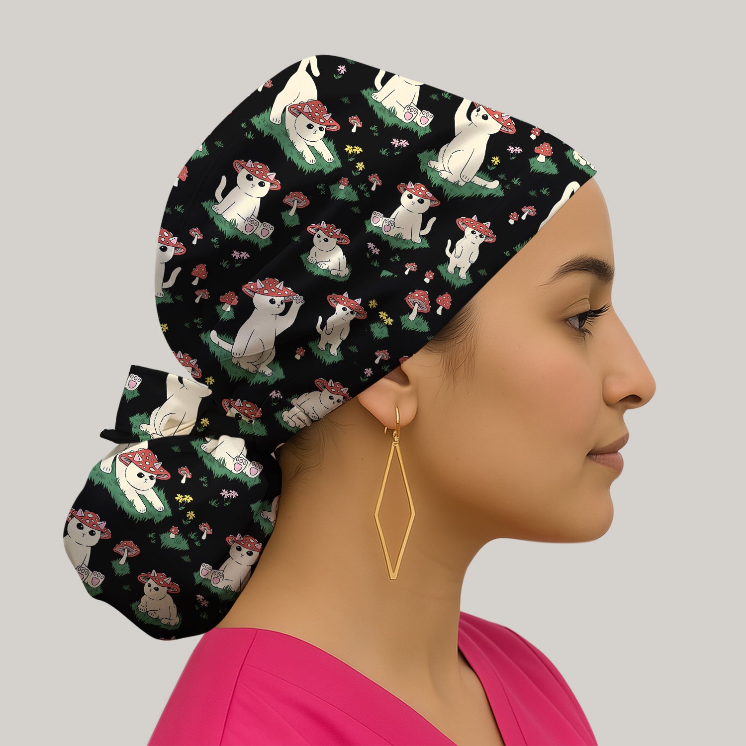 Cute Mushroom Cat Pattern Scrub Cap, Bouffant Scrub Caps for Women