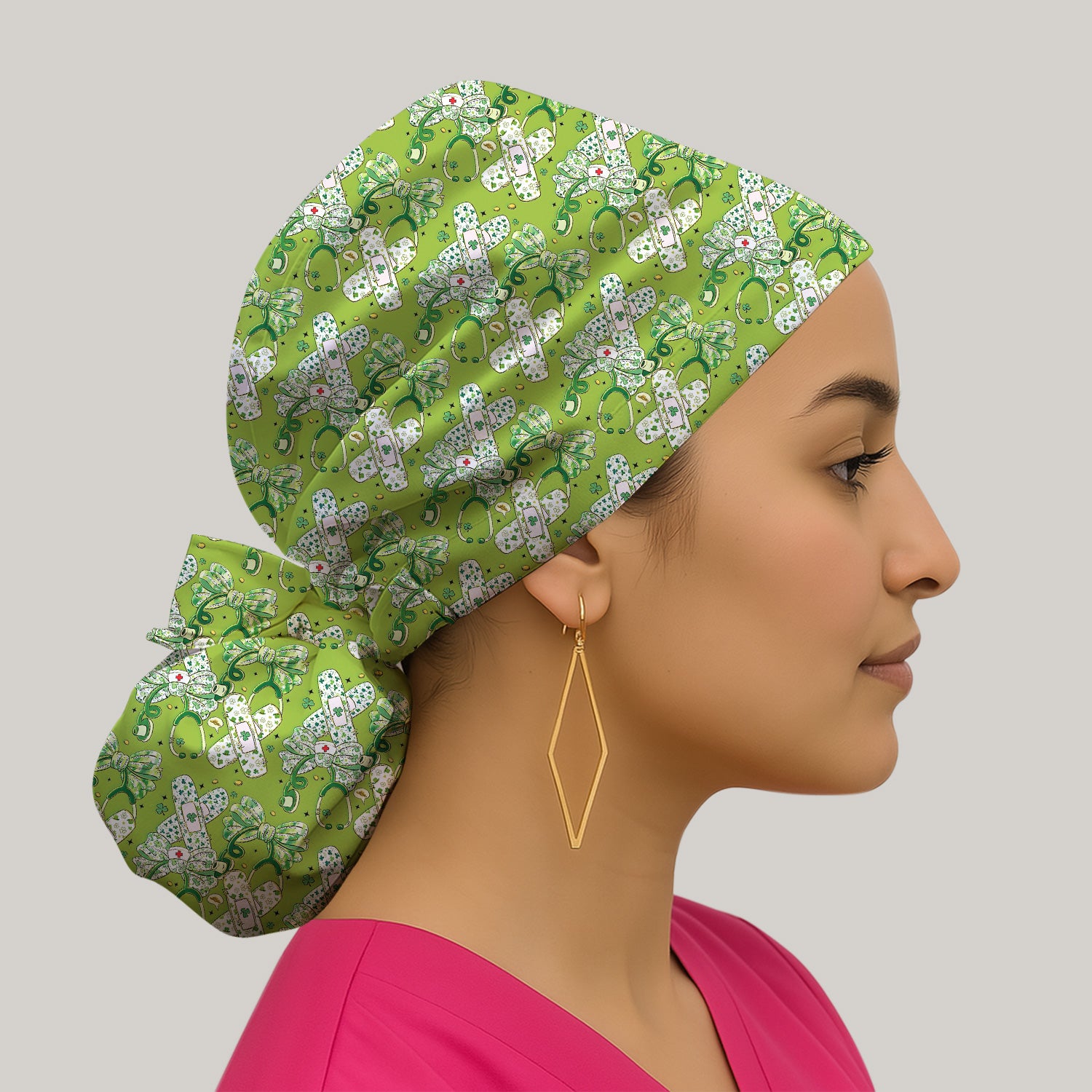 St Patrick Shamrock Stethoscope Bow Print Cap, Bouffant Scrub Caps for Women