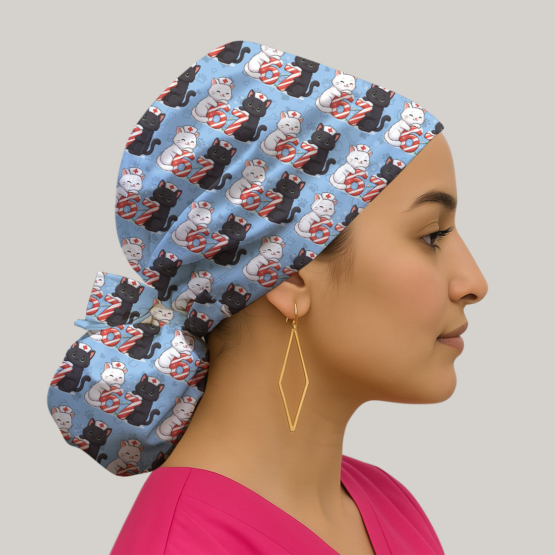Xmas Cat Pattern Scrub Cap, Christmas Nurse Six Seven With Cat Scrub Hat, Breathable Fabrics Nursing Uniform