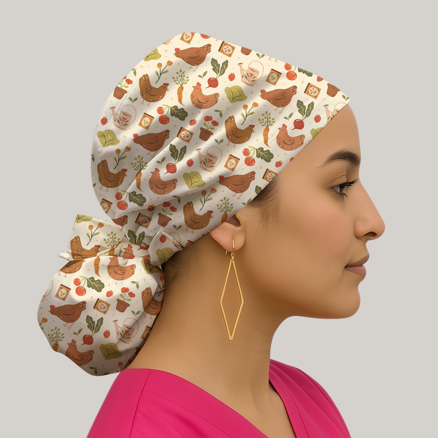 Rustic Farm Chicken Garden Vegetable Pattern Nurse Scrub Cap, Surgical Caps for Doctors