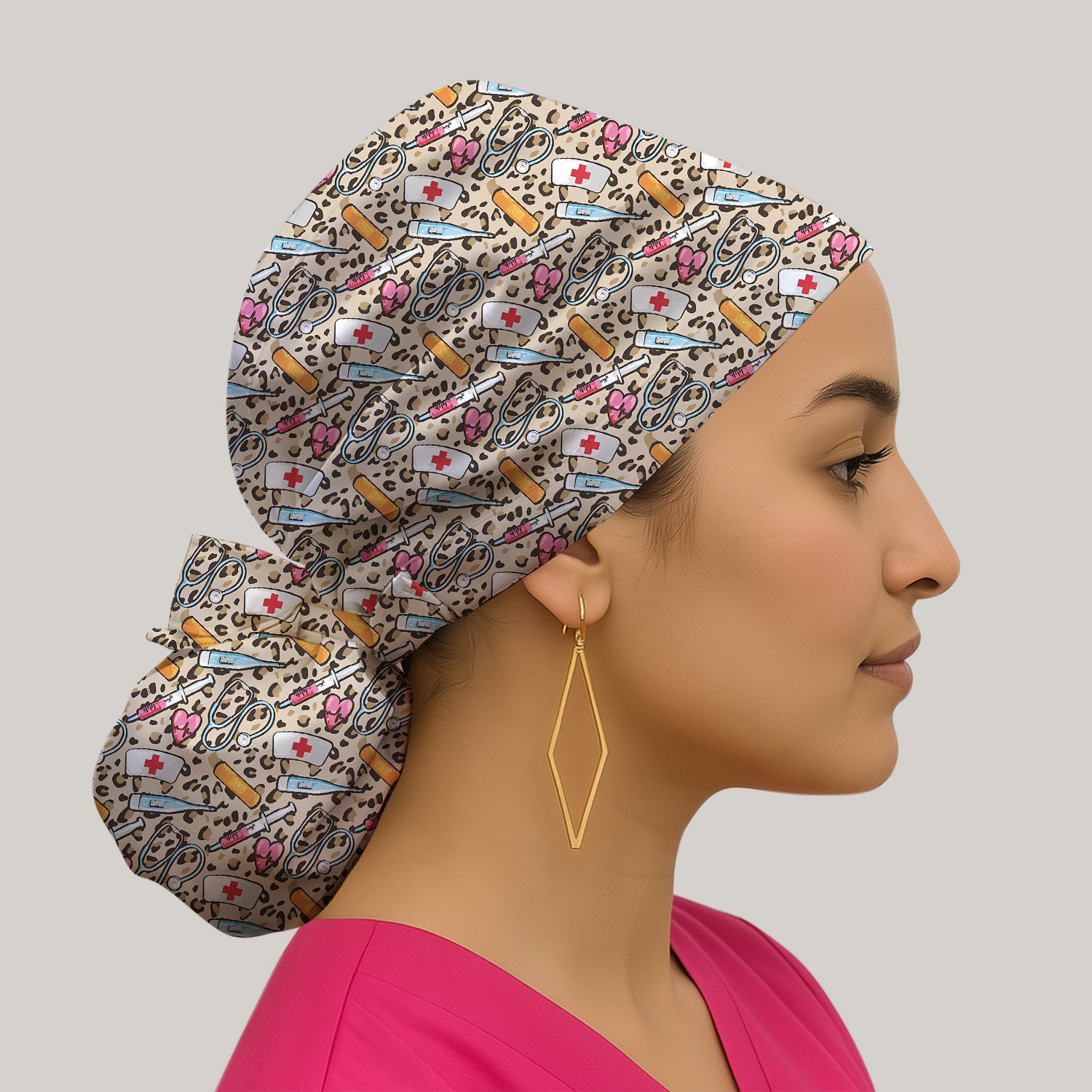 Leopard Medical Tools Pink Heart Print Bouffant Cap,  Surgical Caps for Doctors