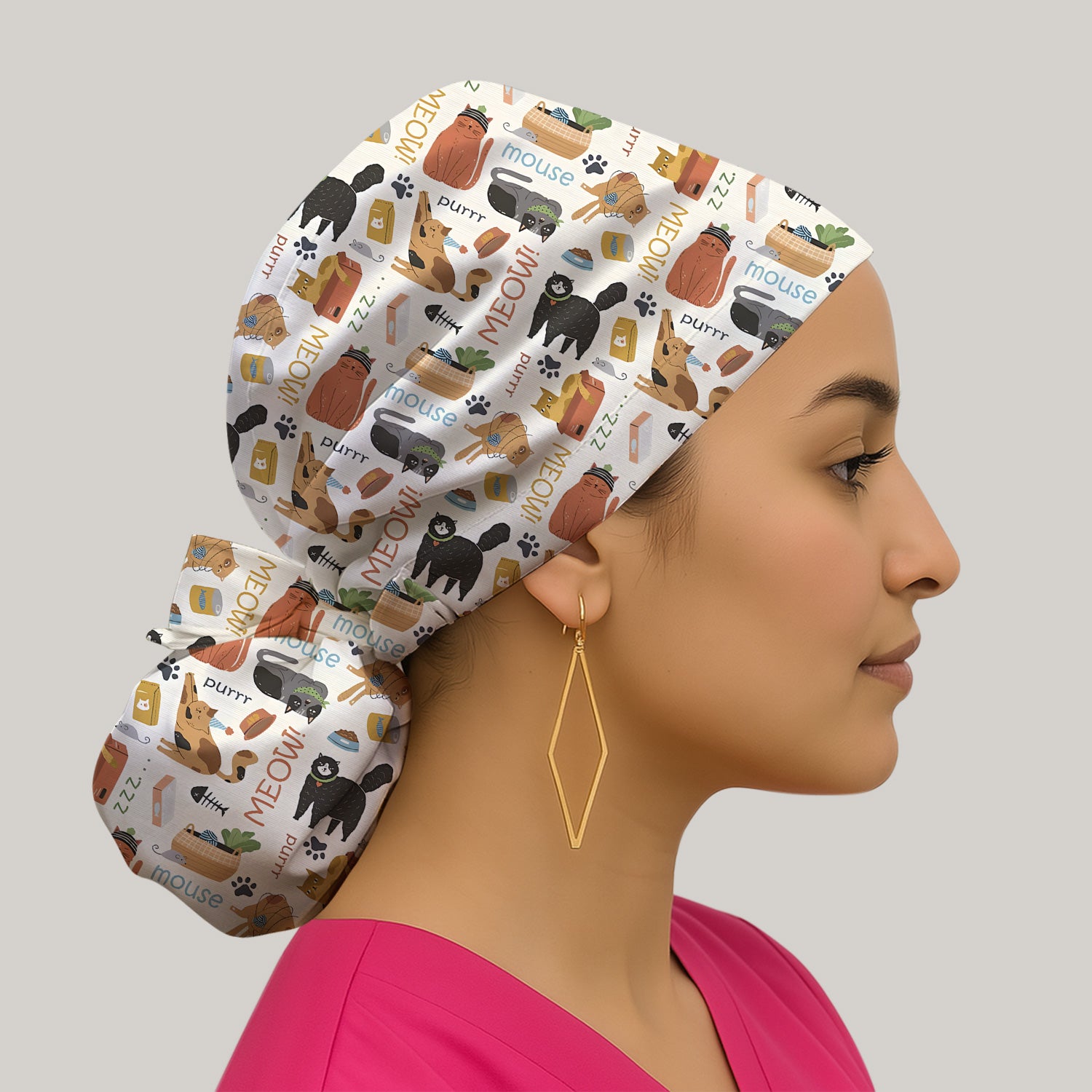 Meow Purr Cat Life Print Scrub Cap, Bouffant Scrub Caps for Women