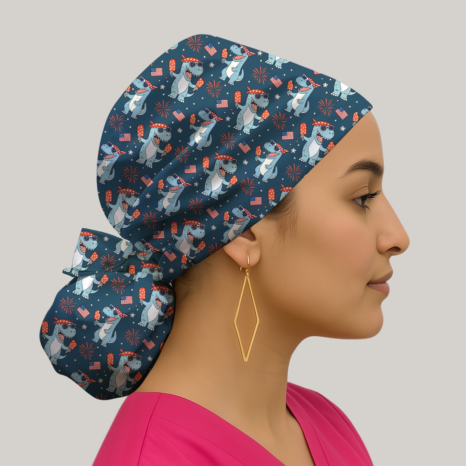 Dinosaur With Flag American Pattern Scrub Cap, Surgical Caps for Doctors