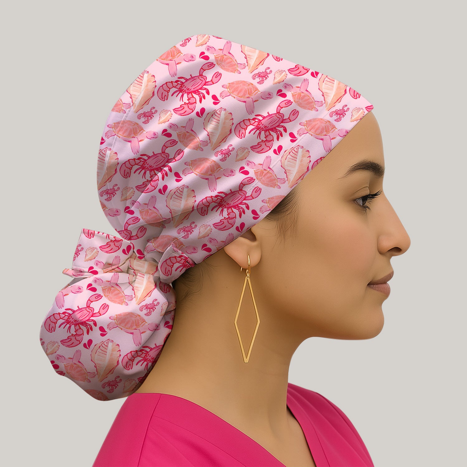 Pink Sea Turtle Lobster Shell Pattern Scrub Cap, Bouffant Scrub Caps for Women