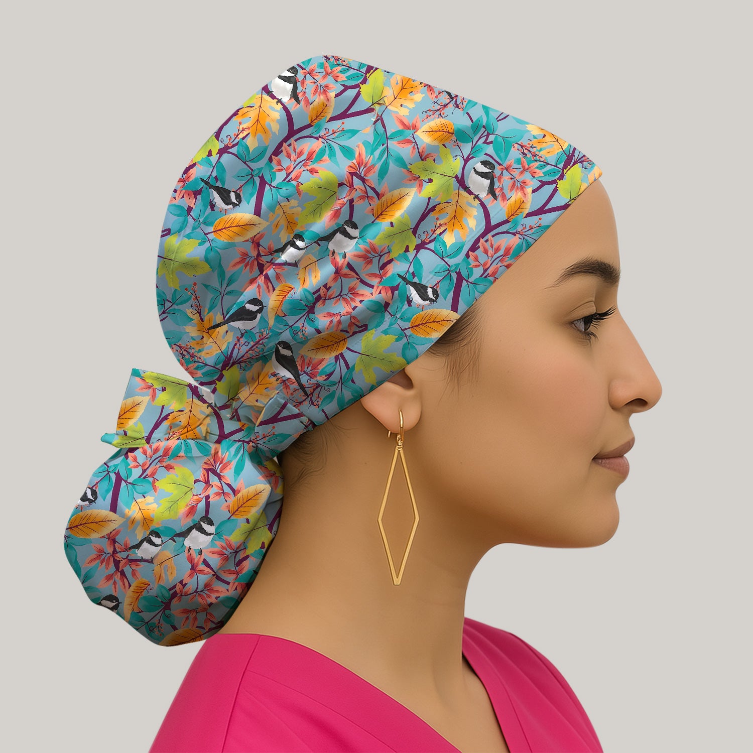 Autumn Leaf Chickadee Bird Pattern Bouffant Cap, Surgical Caps for Doctors