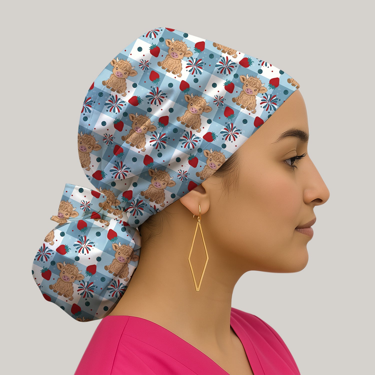 Highland Cow Strawberry Firework Gingham Pattern Nurse Scrub Cap, Surgical Caps for Doctors