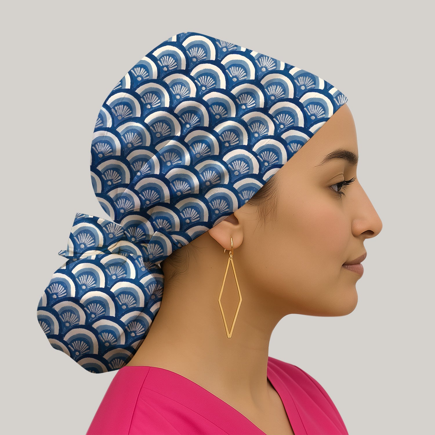 Blue Seashell Pattern Scrub Cap, Breathable Fabrics Caps Uniform