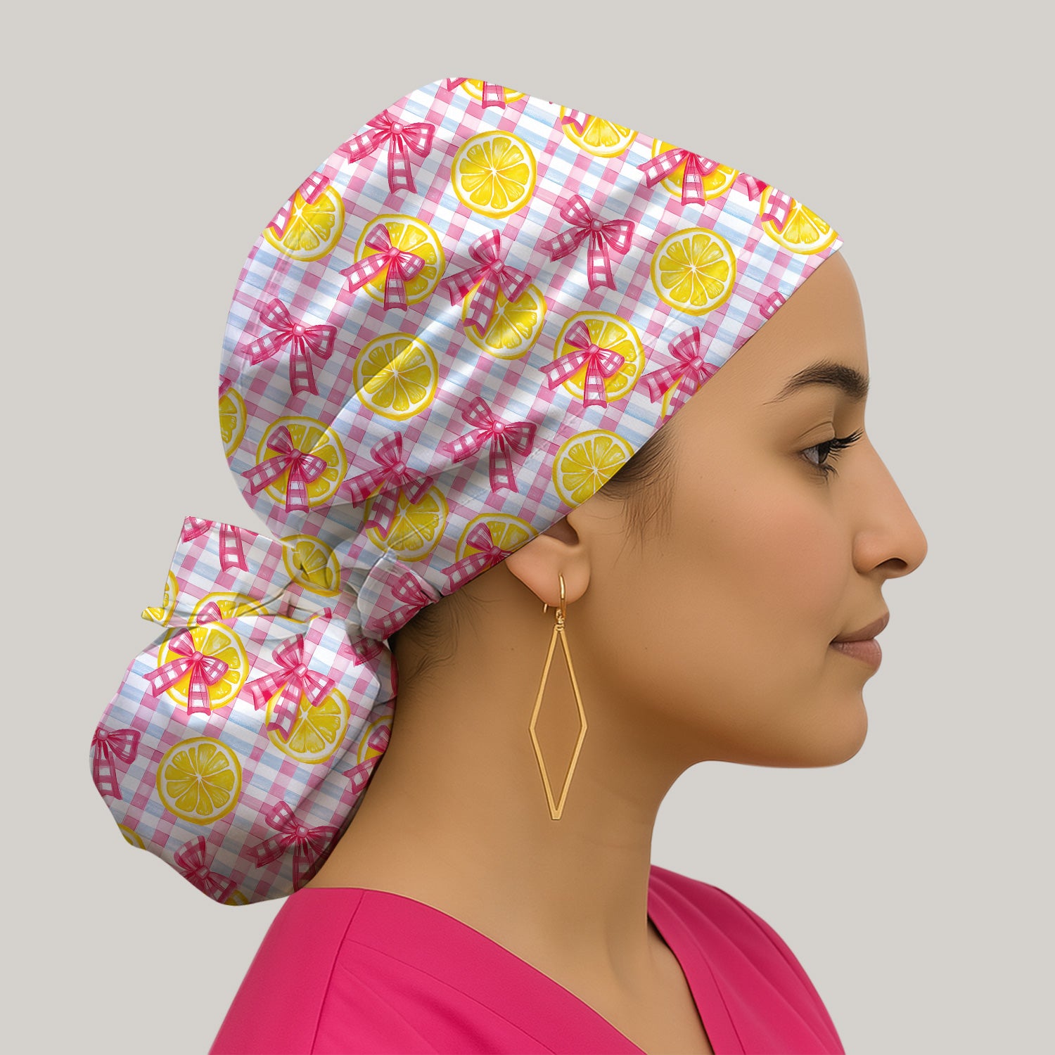 Cute Lemon Slice Pink Bow Gingham Pattern Nurse Scrub Cap, Surgical Caps for Doctors
