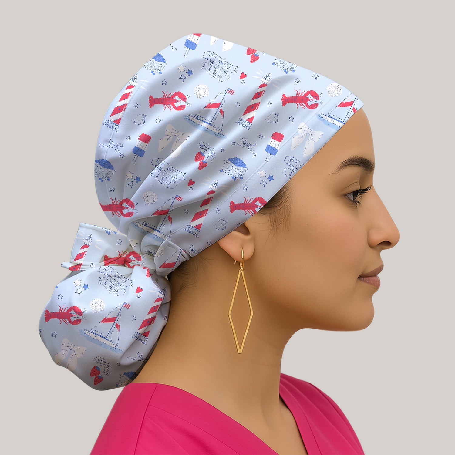 Lobster Lighthouse Sailboat Pattern Scrub Cap, Surgical Caps for Doctors