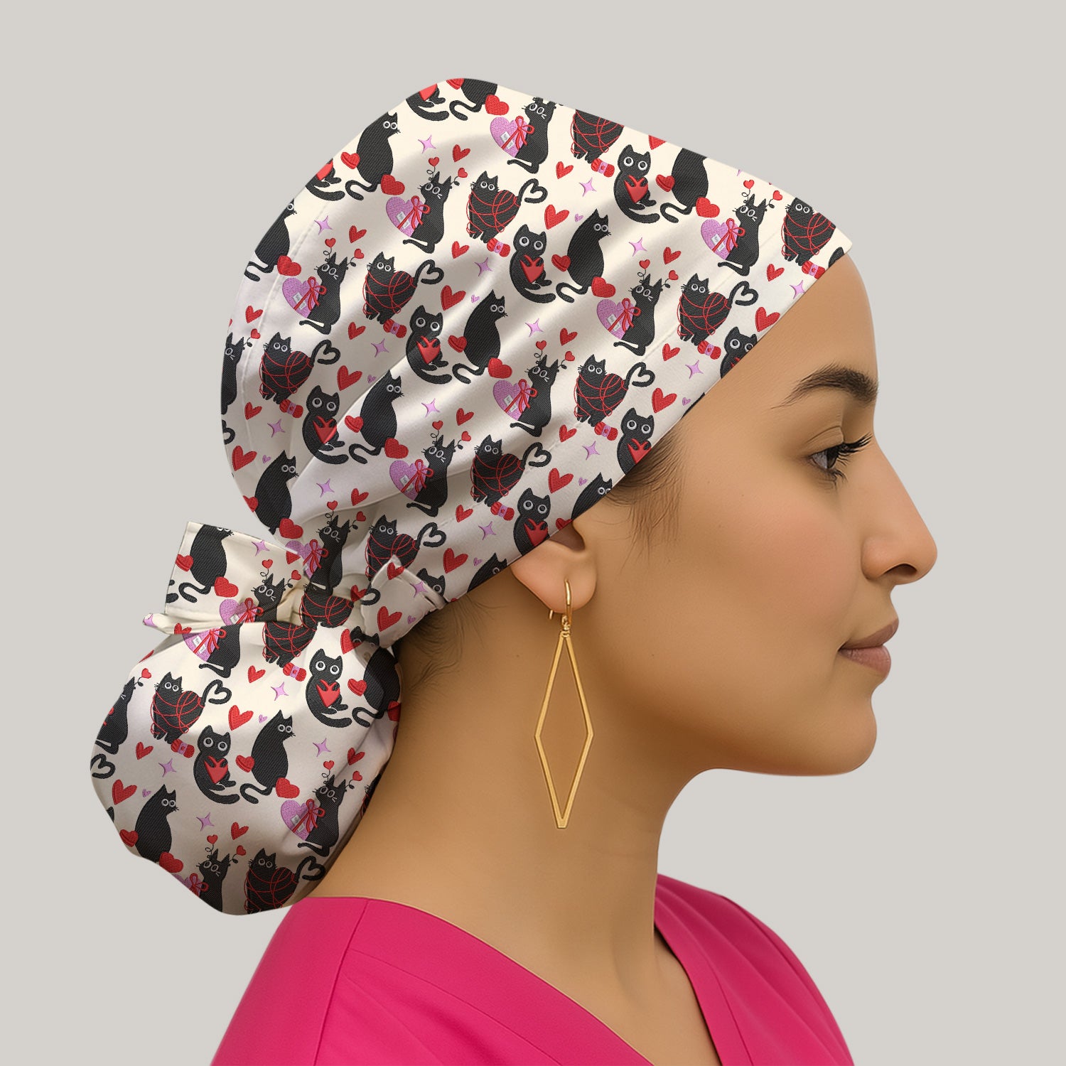 Valentine’s Day Scrub Cap, Cute Black Cat With Heart Pattern Nurse Hat, Breathable Fabrics Nursing Uniform