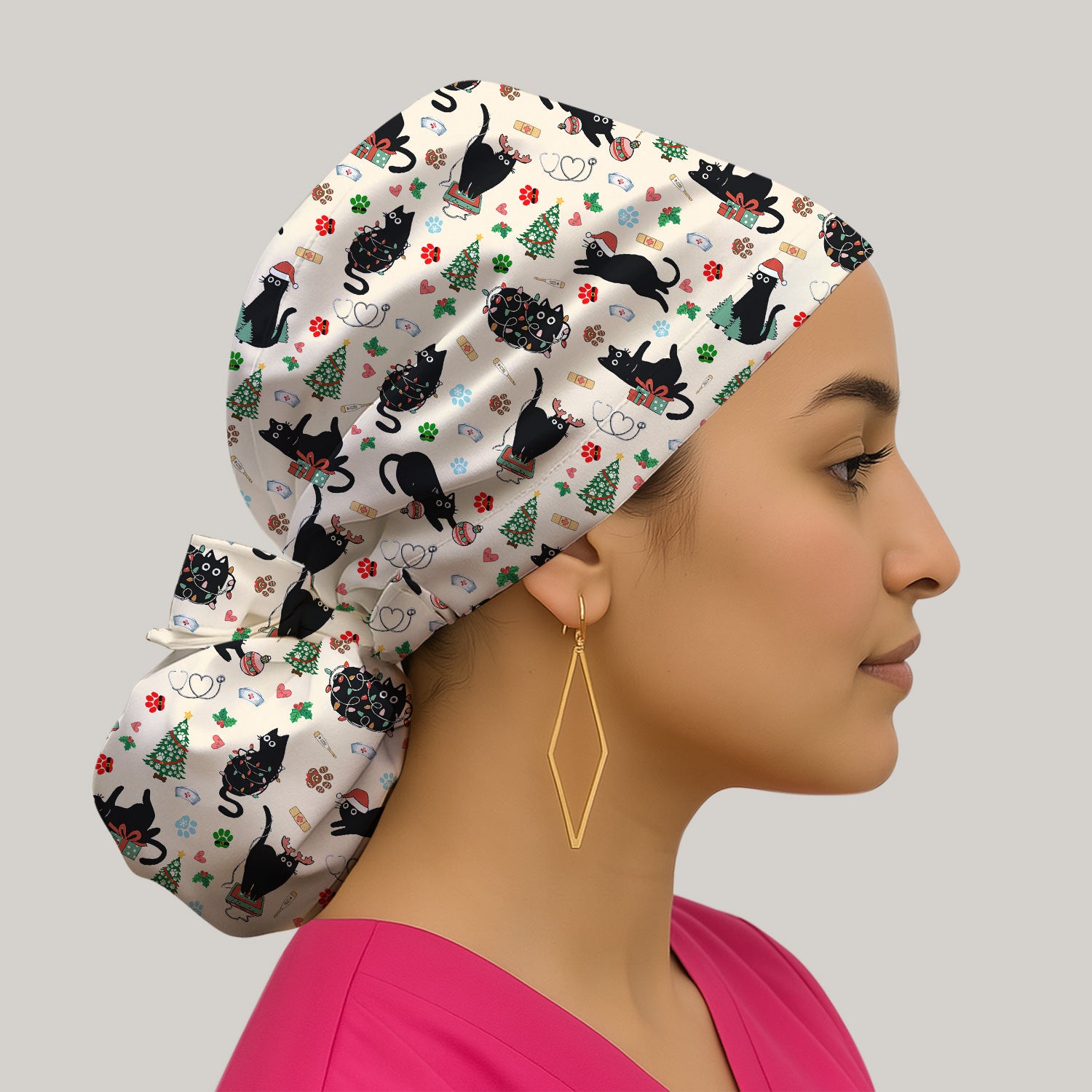 Black Cat Christmas Nurse Scrub Cap, Festive Kitty Medical Uniform for Women