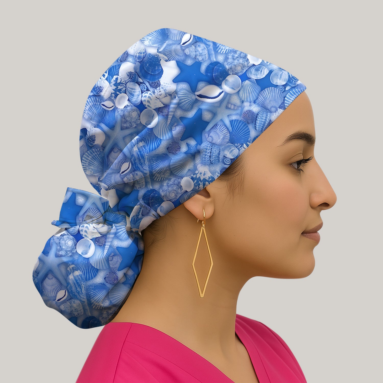 Blue Seashell Starfish Ocean Pattern Scrub Cap, Surgical Caps for Doctors