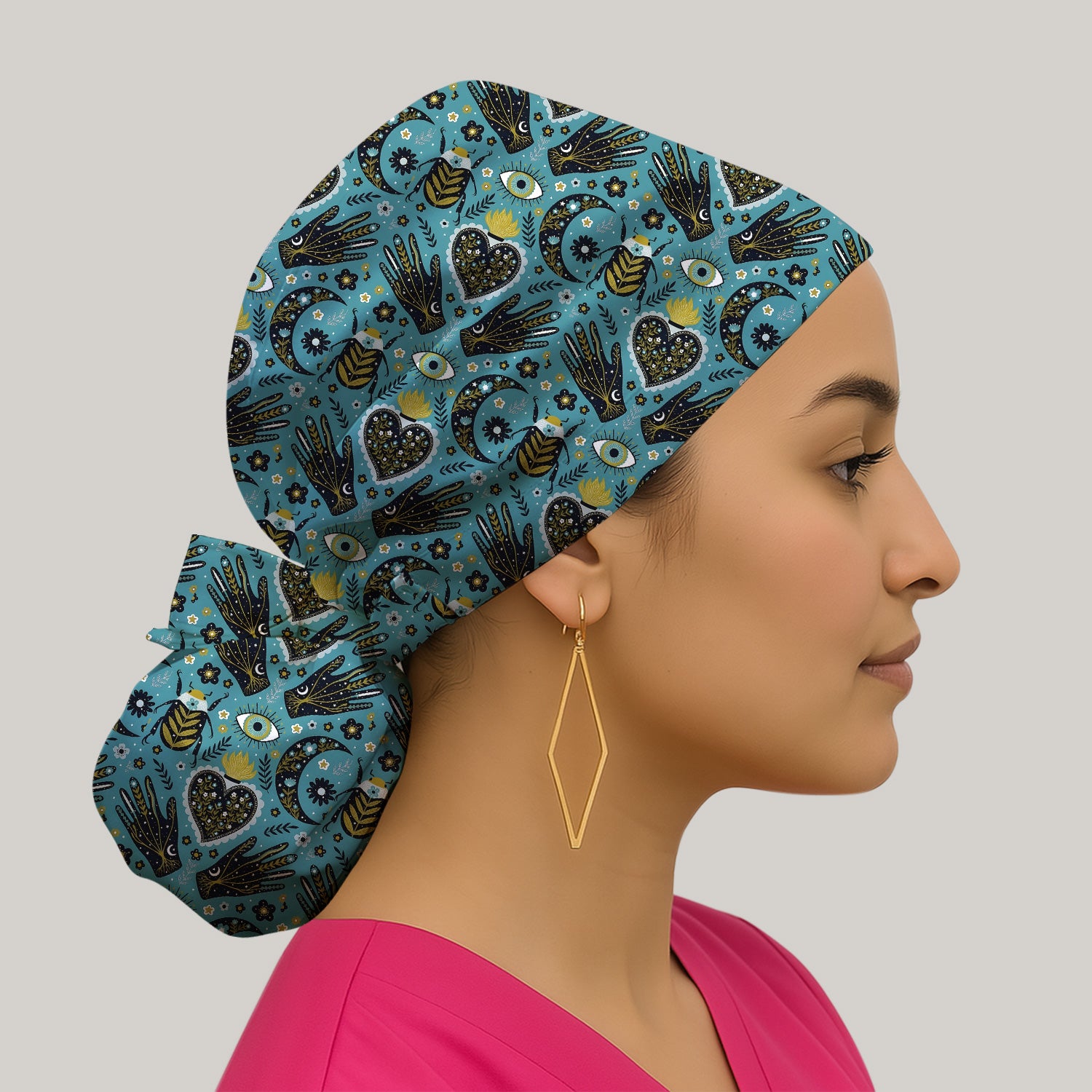Mystic Celestial Heart & Evil Eye Pattern Scrub Cap, Surgical Caps for Doctors