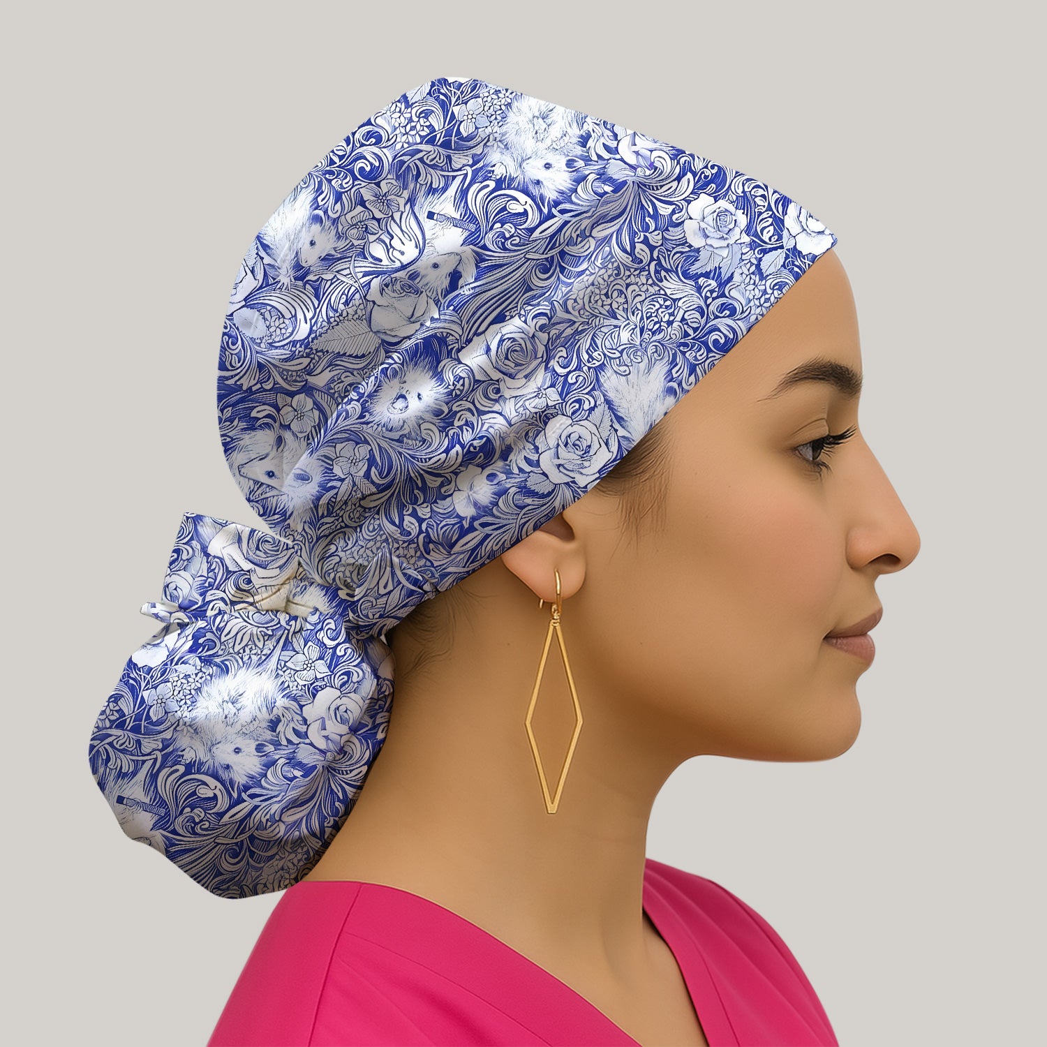 Blue Toile Porcupine Floral Pattern Scrub Cap, Breathable Fabrics Caps Uniform