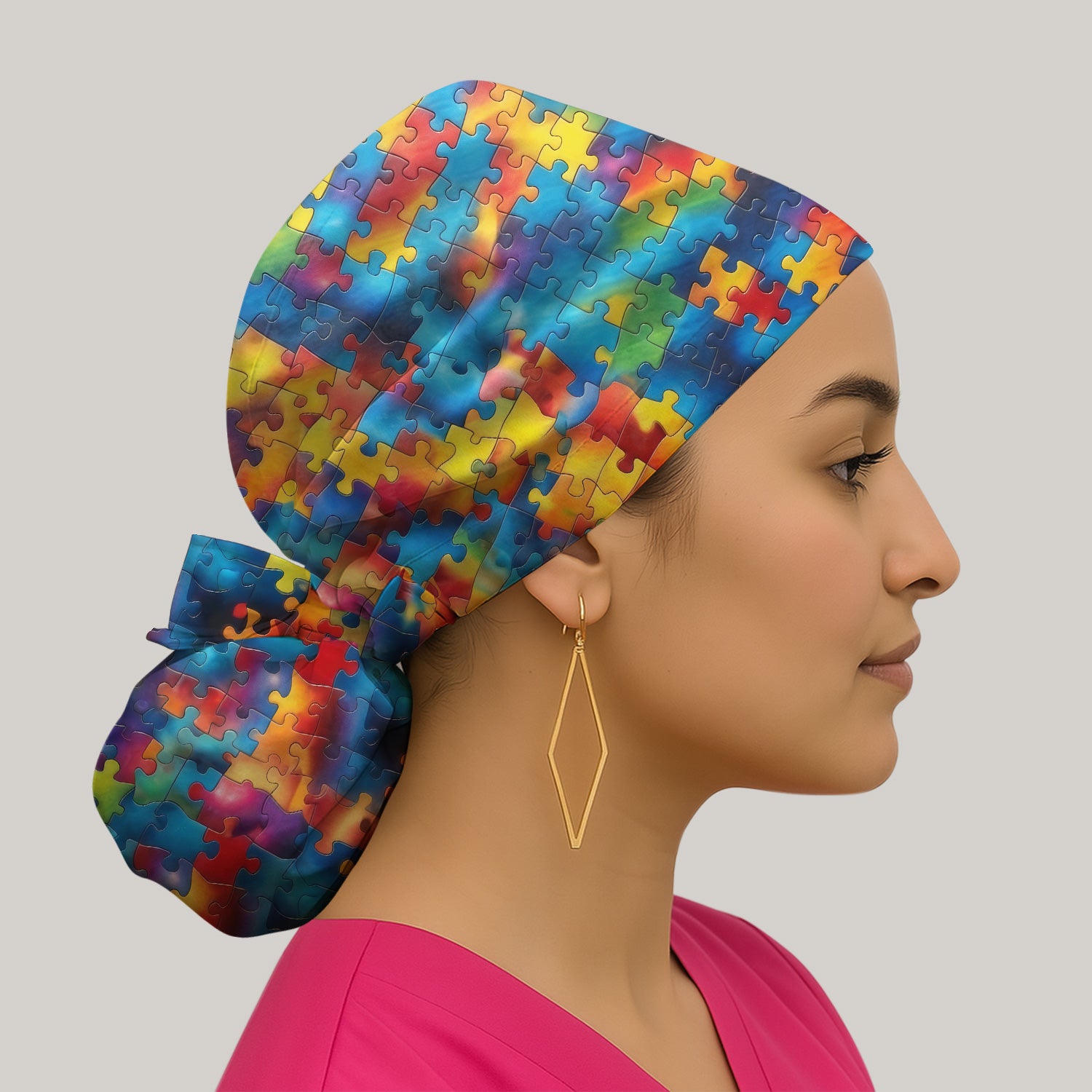 Rainbow Puzzle Piece Print Pattern Cap, Bouffant Scrub Caps for Women