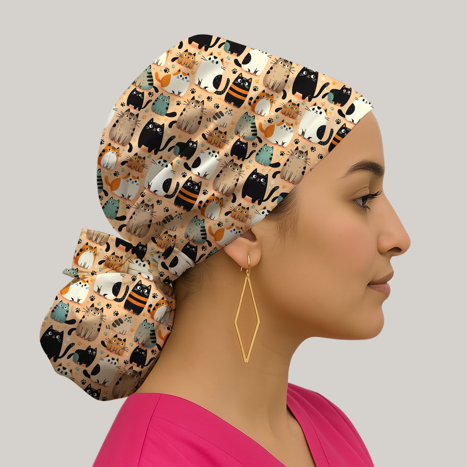 Cat Parade Doodle Pattern Scrub Cap, Bouffant Scrub Caps for Women