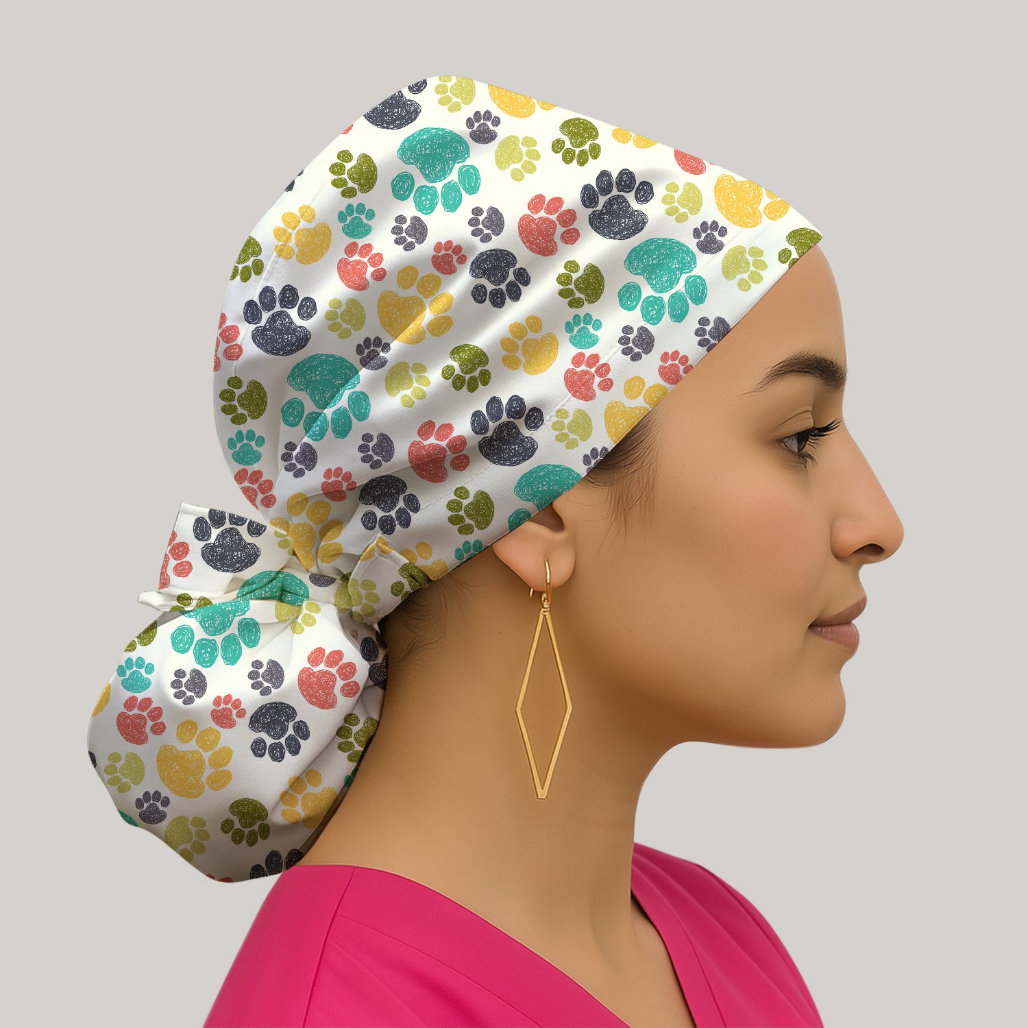 Colorful Paw Print Animal Pattern Scrub Cap, Bouffant Scrub Caps for Women