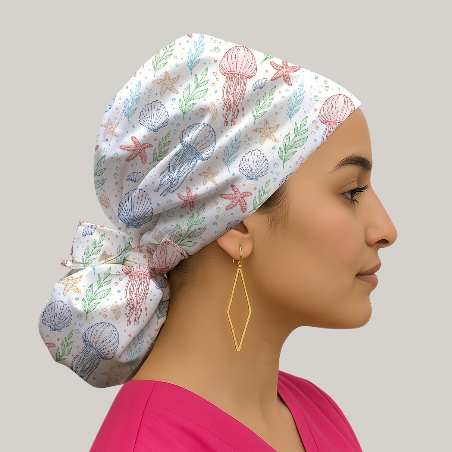 Ocean Jellyfish Starfish Seashell Pattern Caps, Bouffant Scrub Caps for Women