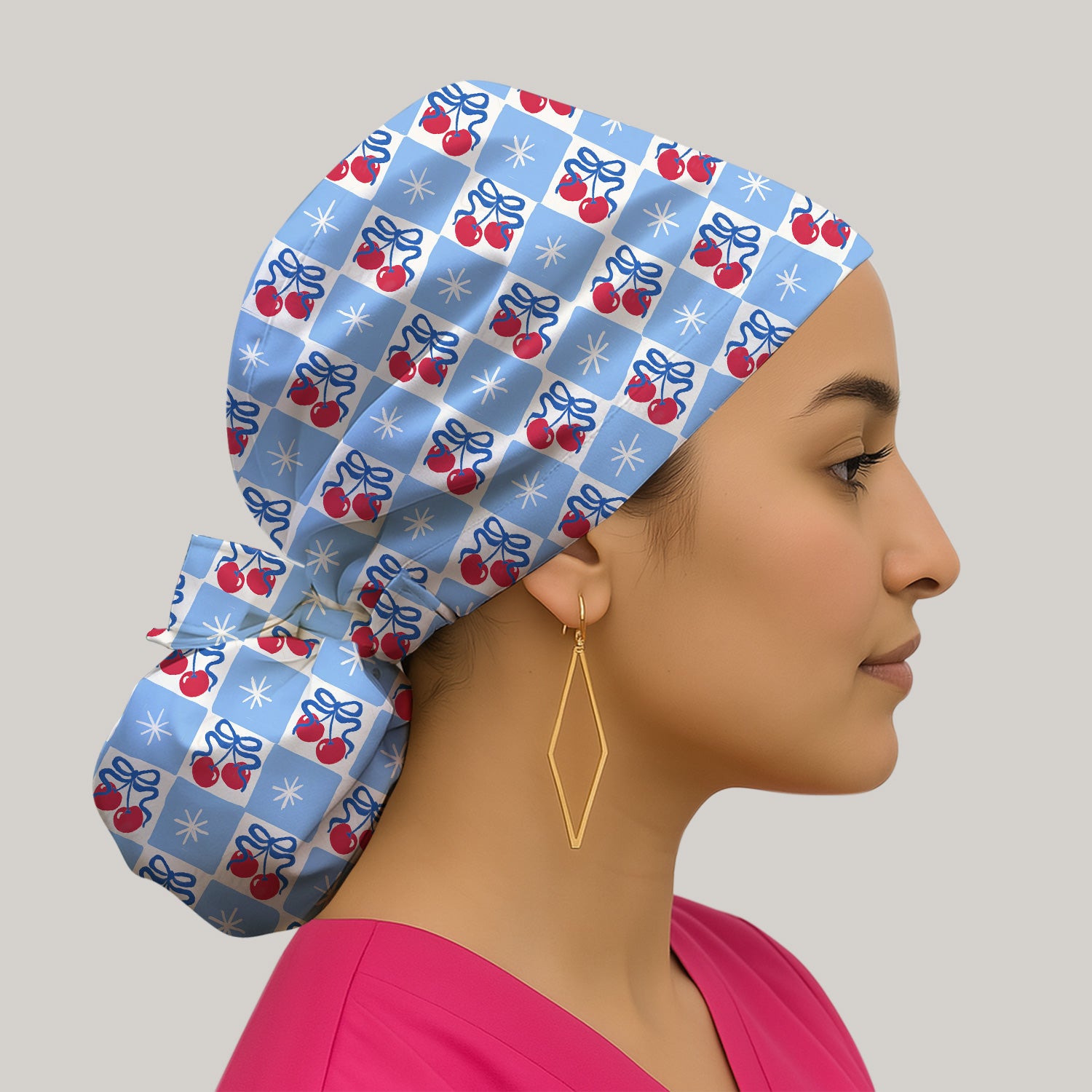 Cute Cherry Bow With Blue Gingham Check Pattern Nurse Scrub Cap, Surgical Caps for Doctors