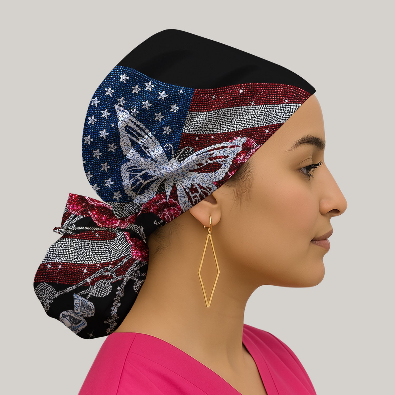 Patriotic Butterfly Rose Flag Print Scrub Cap, Surgical Caps for Doctors