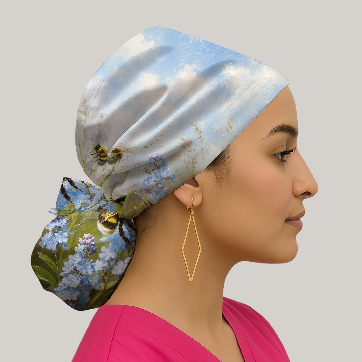 Whimsical Bumblebee Blue Blossom Pattern Scrub Cap, Surgical Caps for Doctors
