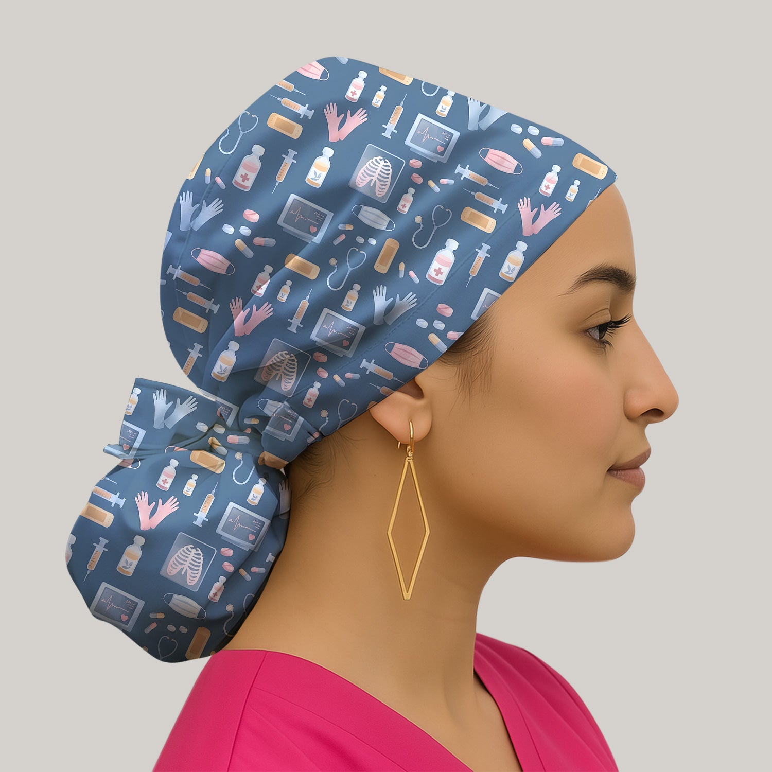 Medical Tools Gloves Syringe Pill Monitor Pattern Scrub Cap, Surgical Caps for Doctors