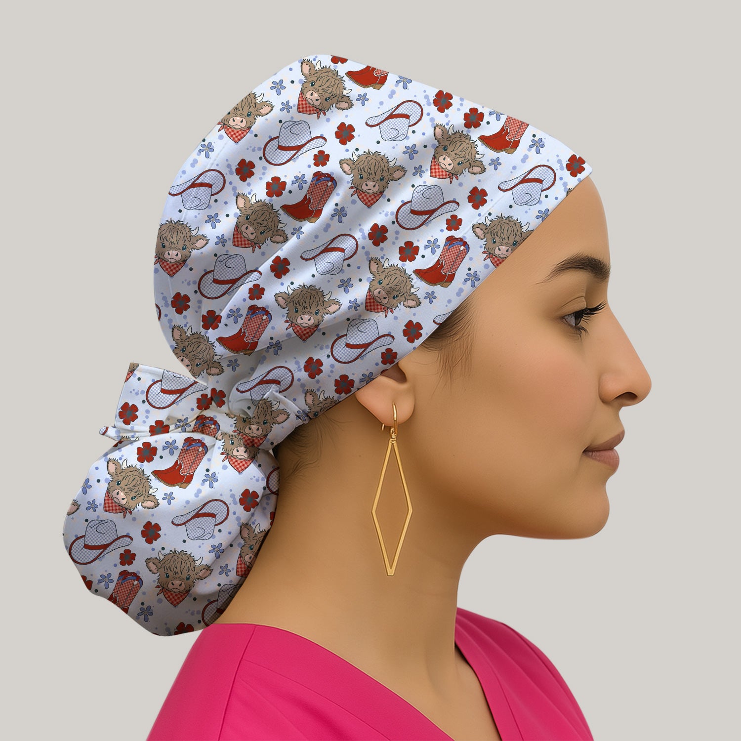 Cute Highland Cow Cowboy Boots Pattern Nurse Scrub Cap, Surgical Caps for Doctors