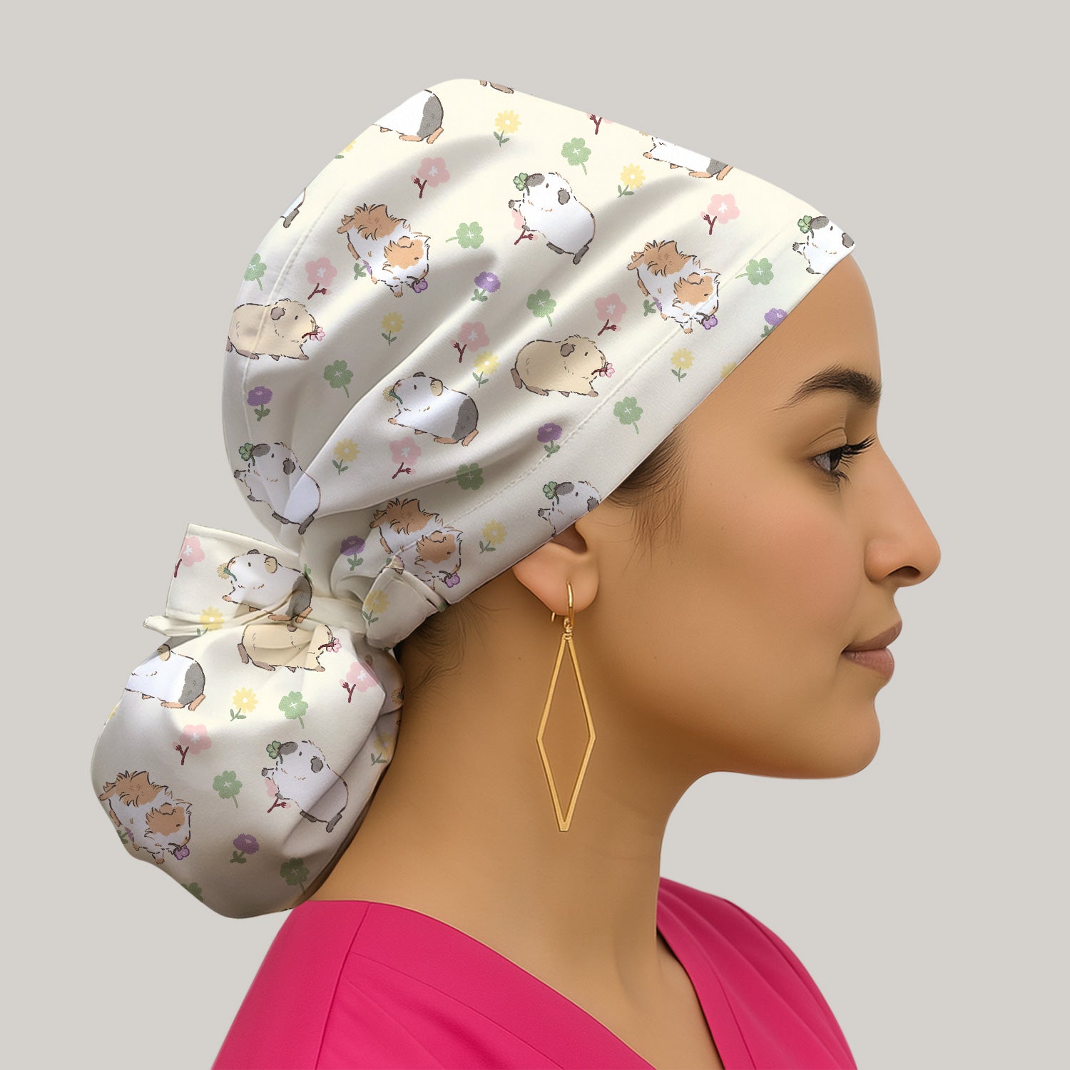 Cozy Guinea Pig Floral Doodle Pattern Scrub Cap, Bouffant Scrub Caps for Women