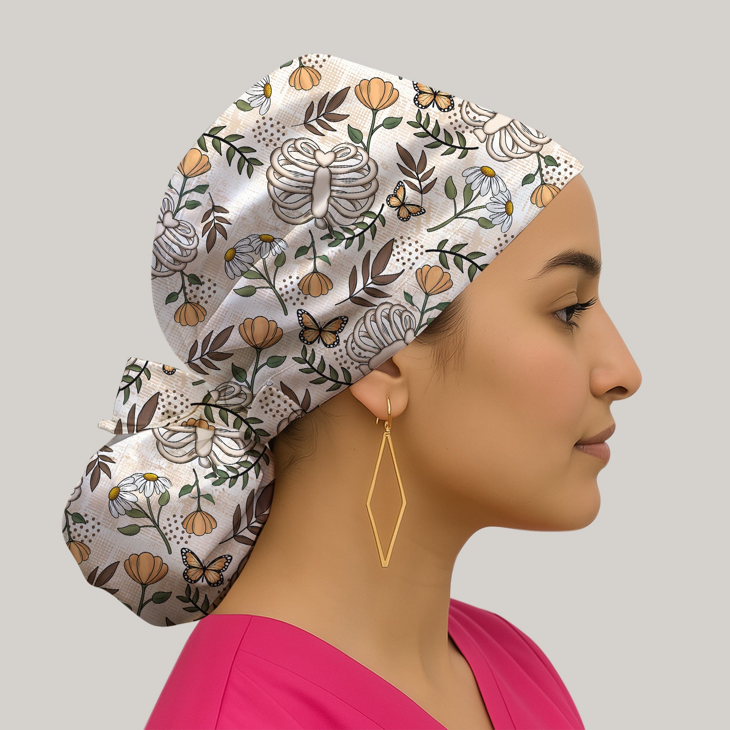 Skeleton Ribcage With Daisy And Butterfly Floral Scrub Cap, Surgical Caps for Doctors