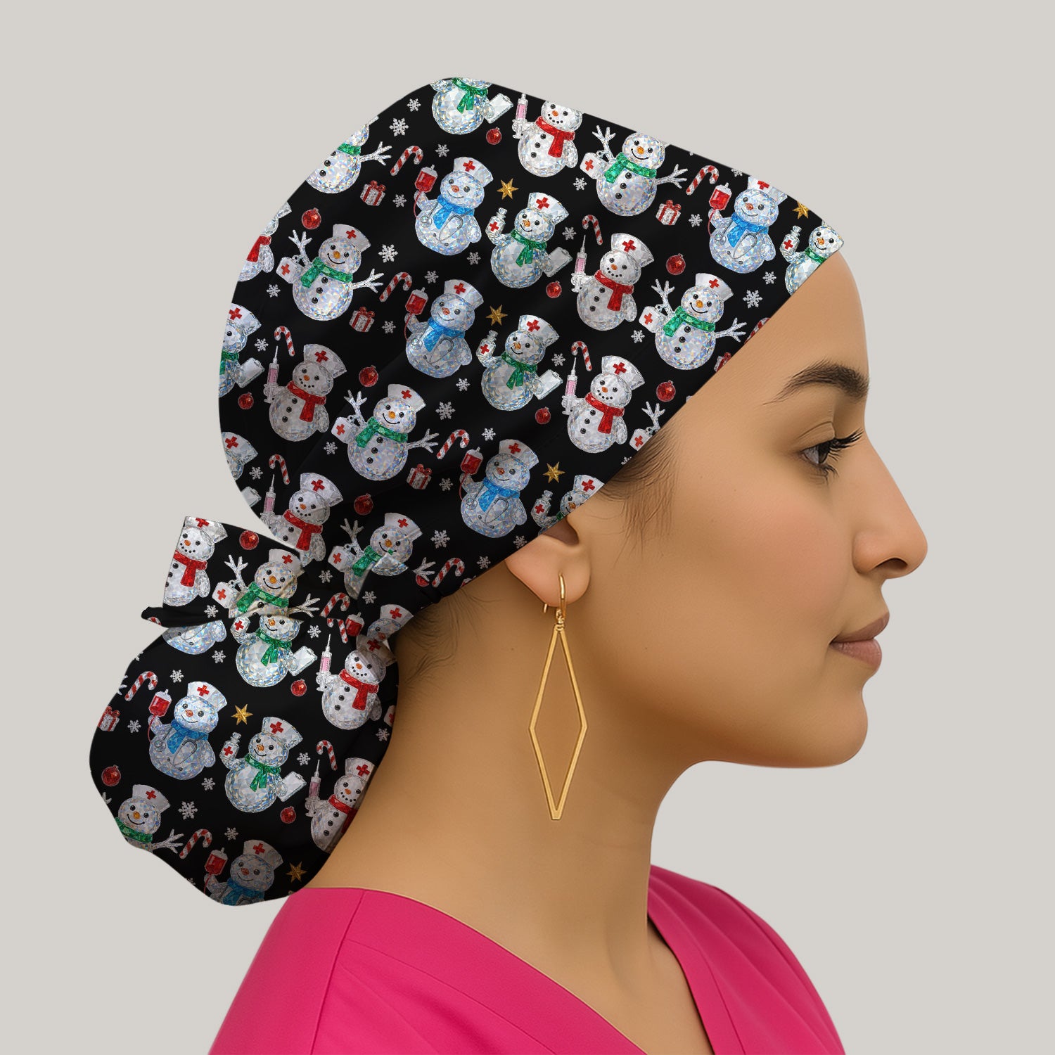 Nurse Snowman Christmas Scrub Cap, Cute Holiday Medical Pattern Hat For Women, Winter Snowflake Nursing Uniform