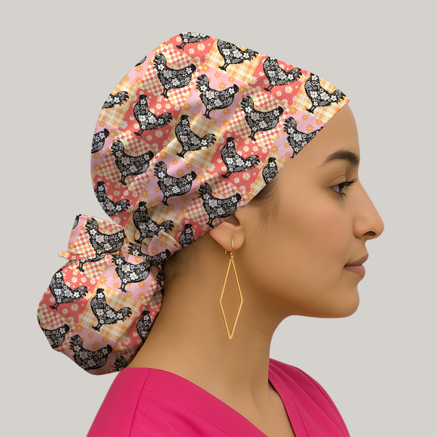 Cute Floral Chicken Patchwork Print Scrub Cap, Breathable Fabrics Caps Uniform