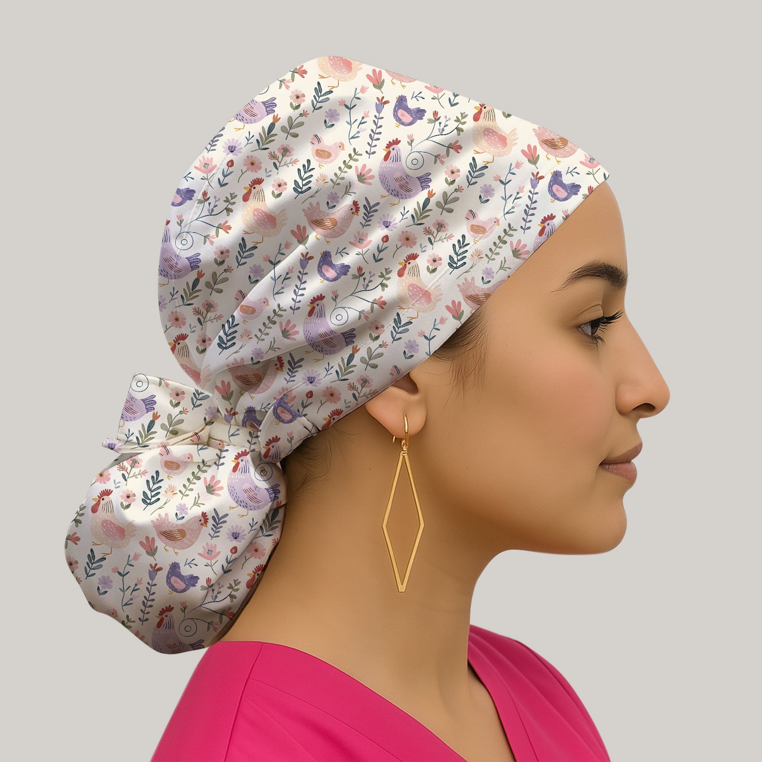 Cute Farm Chicken Floral Garden Pattern Nurse Scrub Cap, Surgical Caps for Doctors