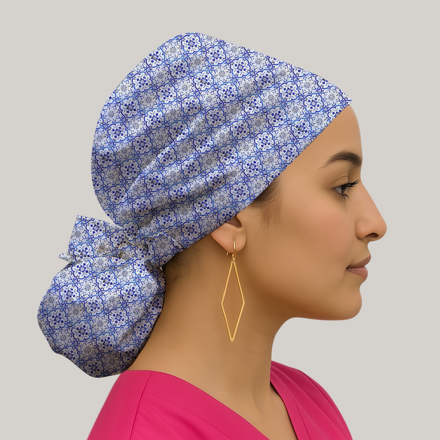 Blue Vintage Tile Floral Pattern Scrub Cap, Breathable Fabrics Caps Uniform