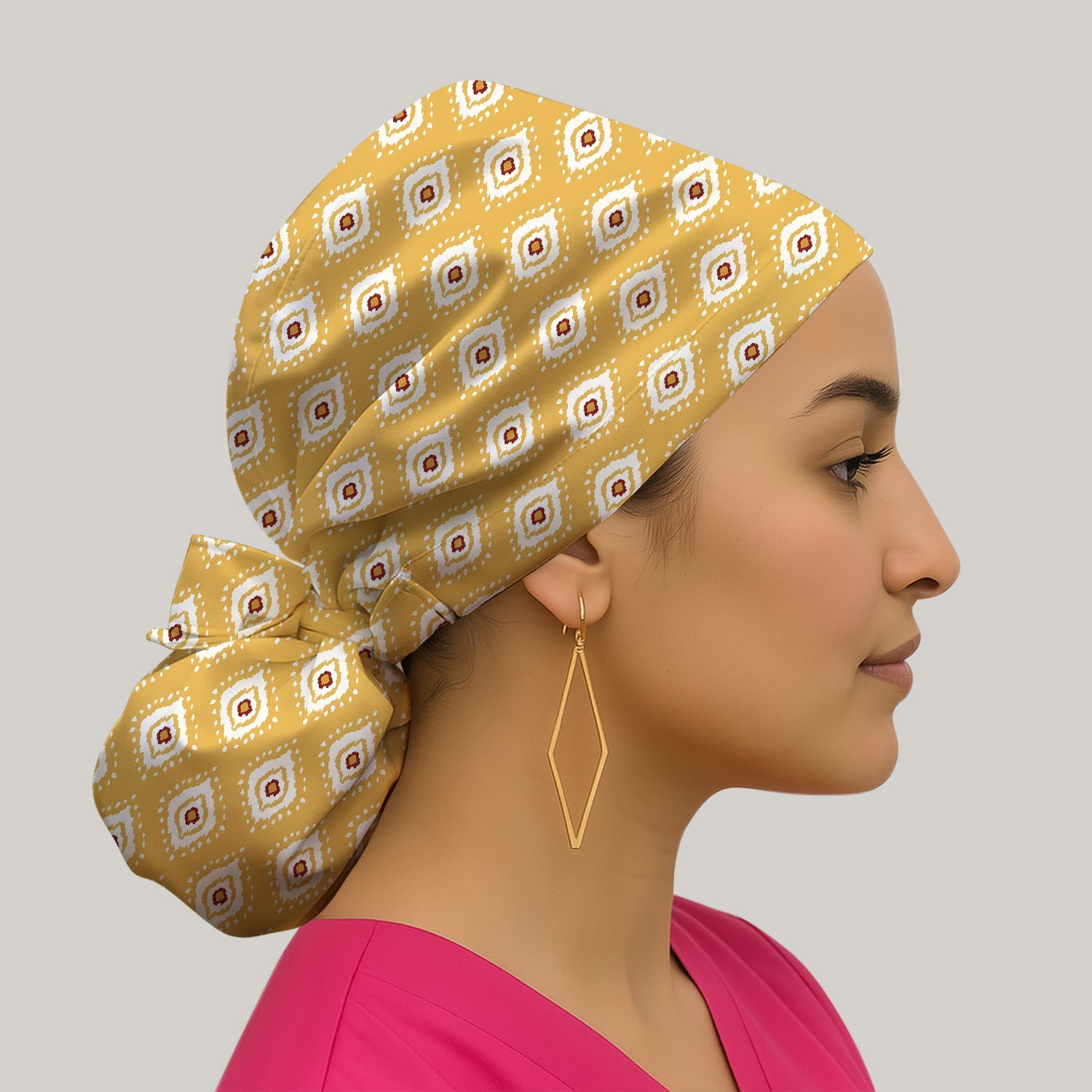 Cute Mustard Geometric Ikat Nurse Pattern Scrub Cap, Bouffant Scrub Caps for Women