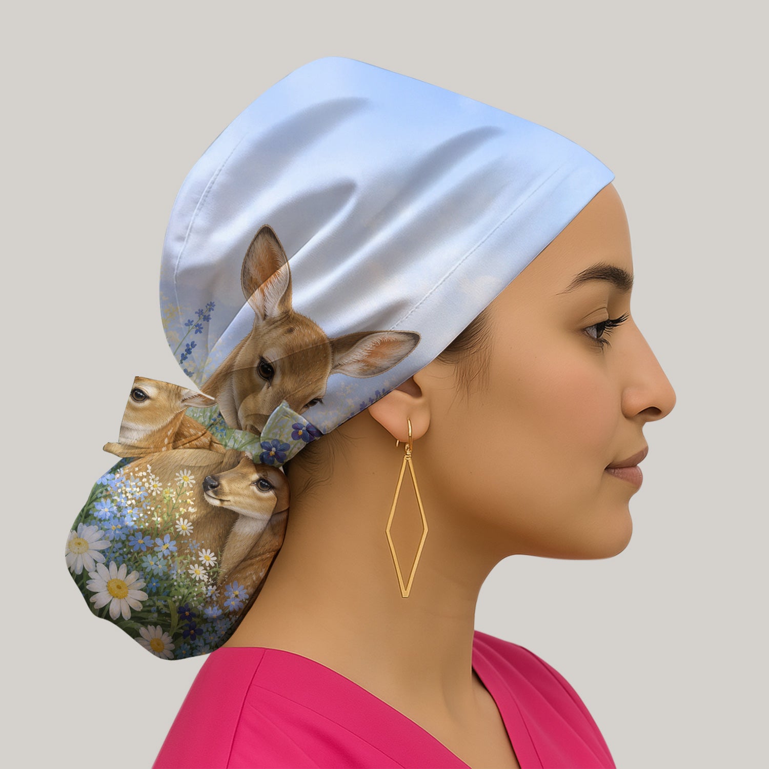 Cute Deer Mother Baby With Meadow Pattern Scrub Cap, Surgical Caps for Doctors