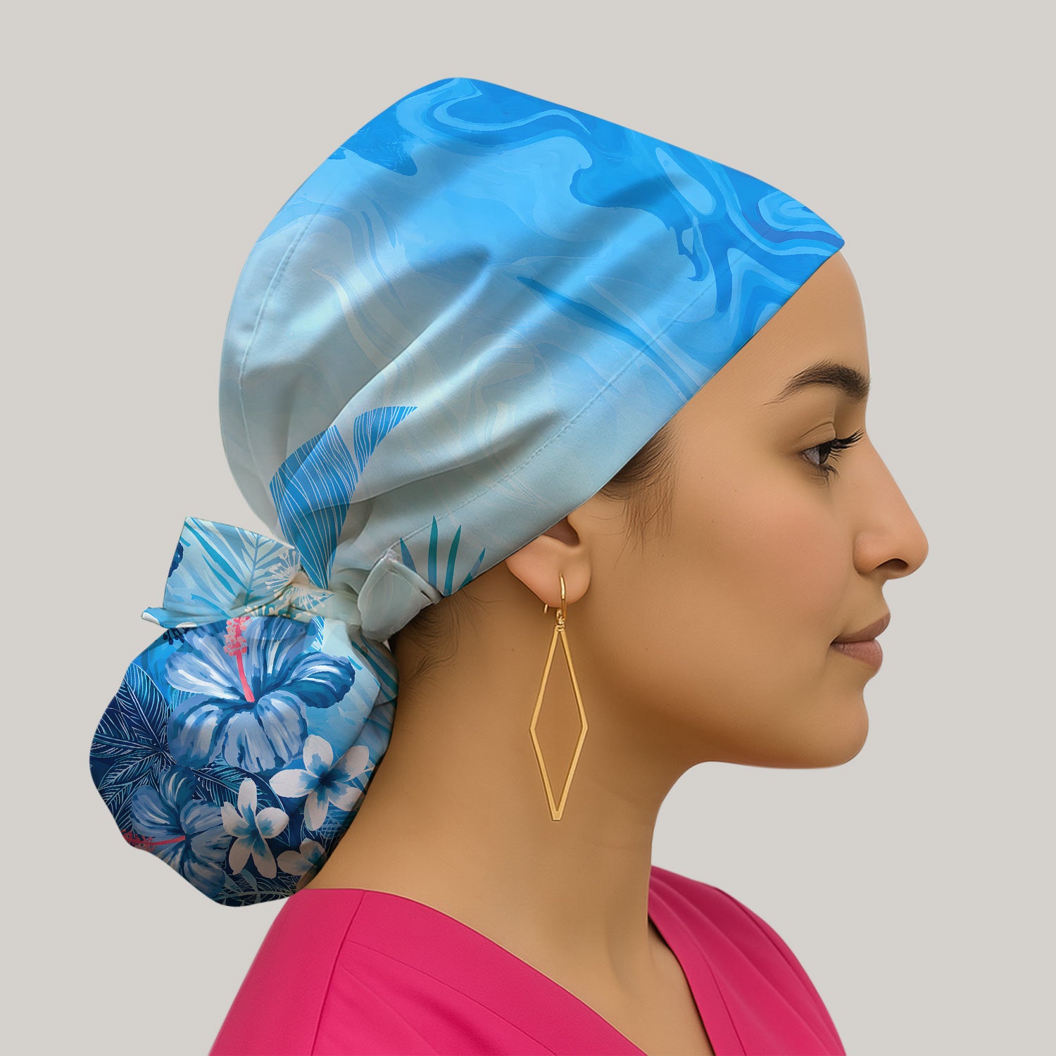 Elegant Blue Tropical Floral Pattern Scrub Cap, Surgical Caps for Doctors
