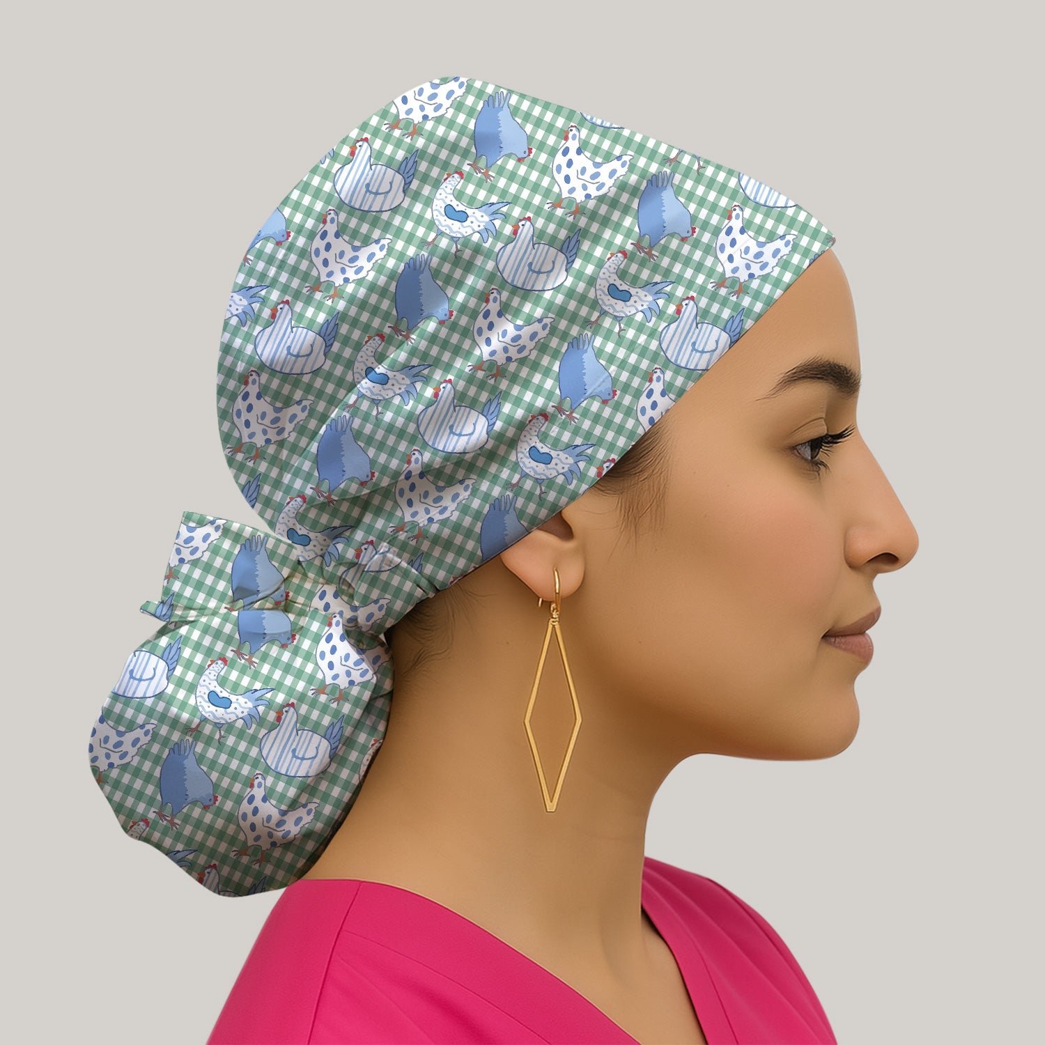 Blue Chicken Gingham Pattern Scrub Cap, Bouffant Scrub Caps for Women